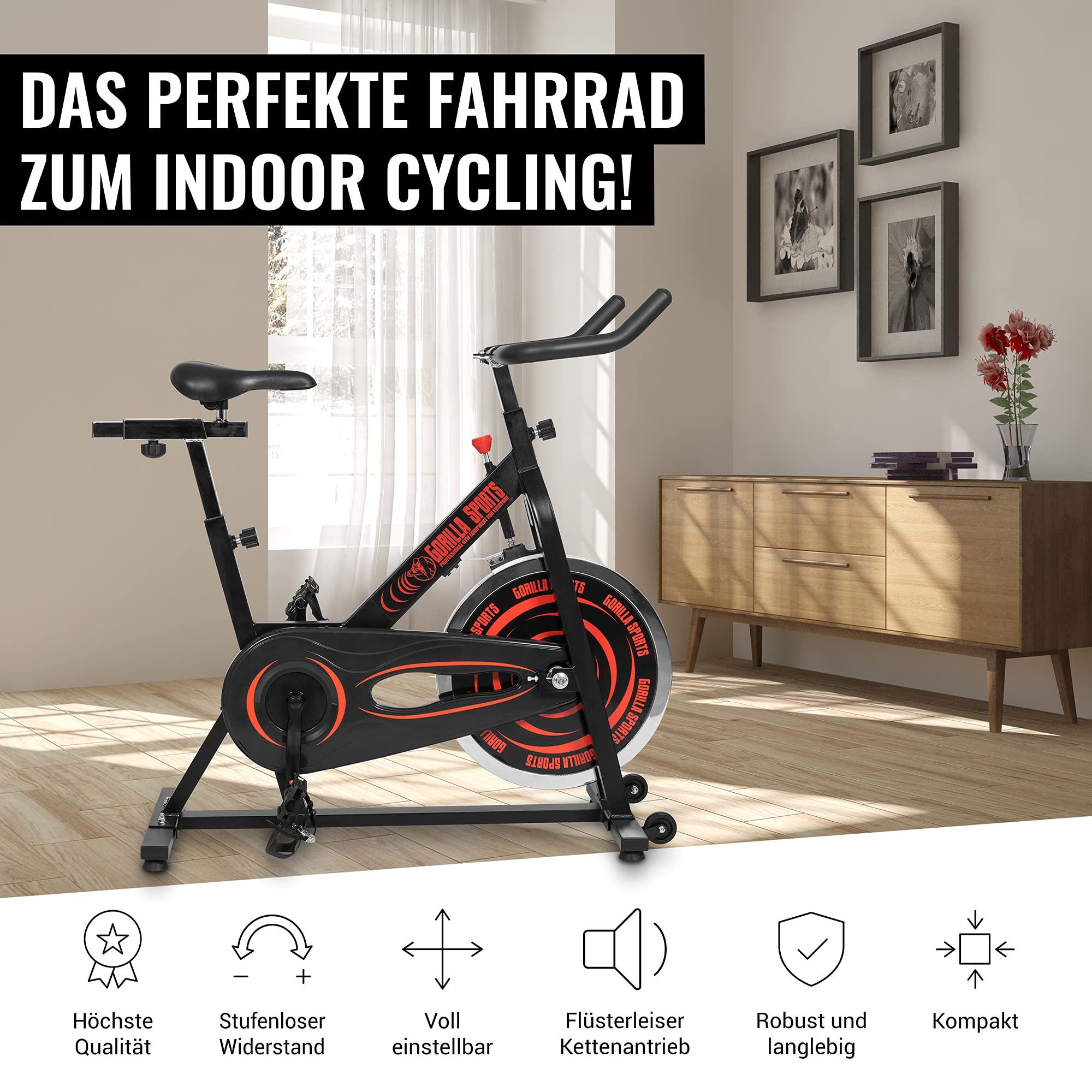 GORILLA SPORTS® Indoor Cycling Bike mit 13-kg-Schwungrad, bis 110 kg | Stufenloser Widerstand, 11-fach verstellbarer Sattel und 5-fach verstellbarer Lenker, Kettenantrieb für Home-Gym und Cardio