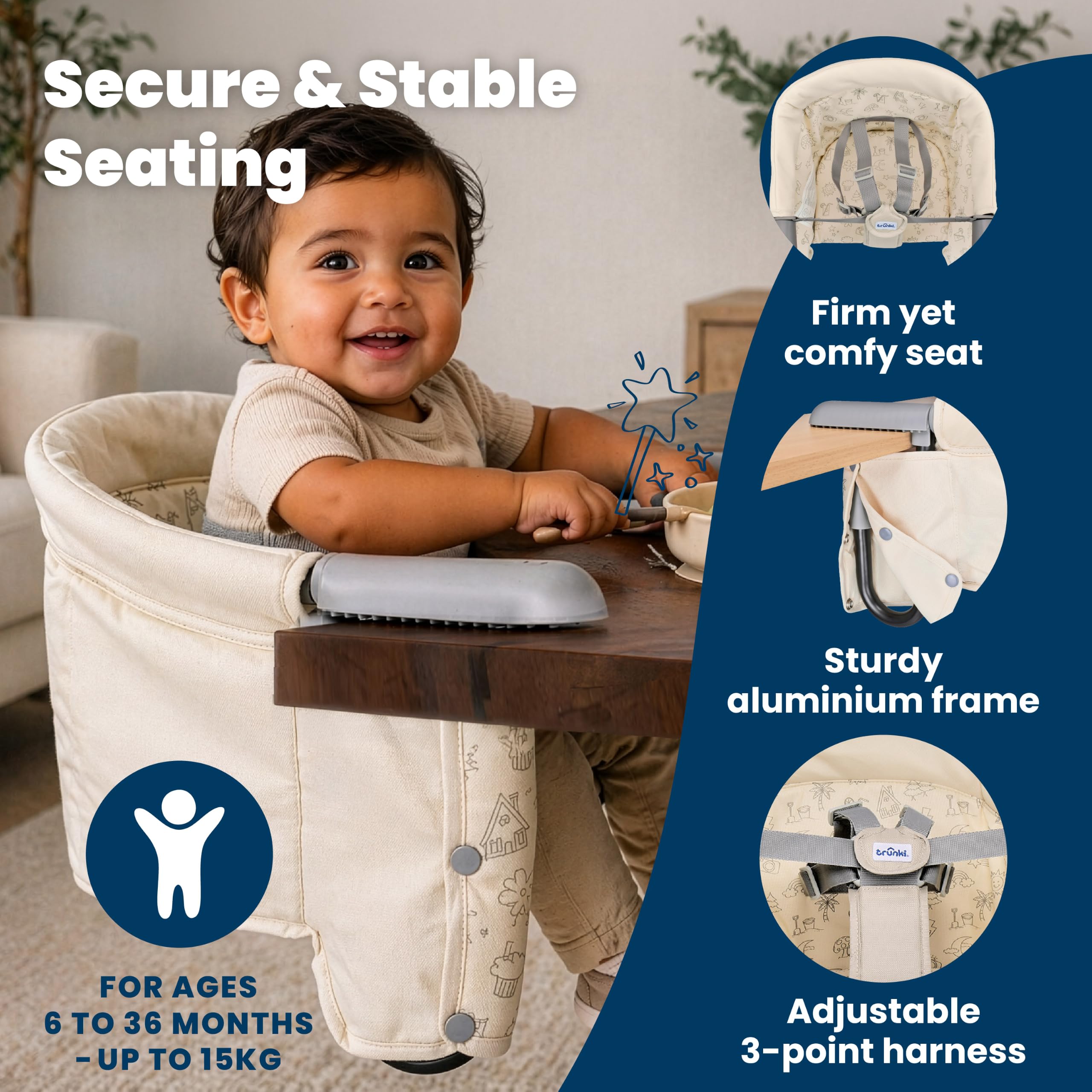 Trunki Clamp & Dine Hochstuhl – Ultrakompakter, zusammenklappbarer Hochstuhl mit Tragetasche, abwischbarer & waschbarer Babystuhl, Hochstühle für Babys und Kleinkinder von 6 bis 36 Monaten (oder 15 kg