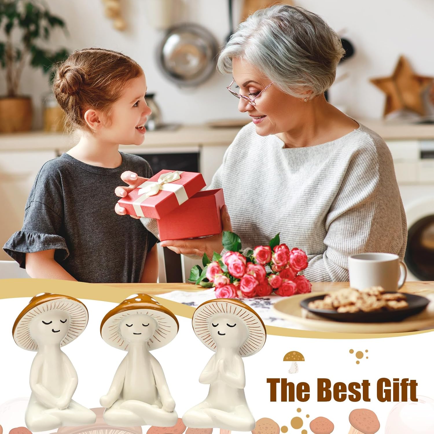 3 Pcs Meditation Mushroom Statue Resin Yoga Mushroom Figurine Cute Meditation Tabletop Plant Statues Decor for Desk Living Room Patio Home Office Garden Backyard Decoration