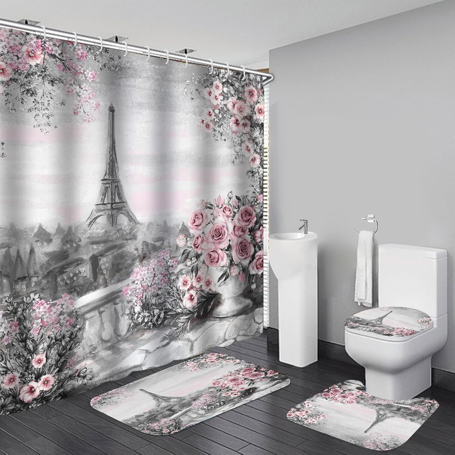 4Pcs Eiffel Tower Shower Curtain Sets, Paris Luxury Bathroom Decor with Non-Slip Rugs Bath U-Shaped Mat Toilet Lid Cover, Elegant Waterproof Shower Curtain with 12 Hooks, Pink and Grey