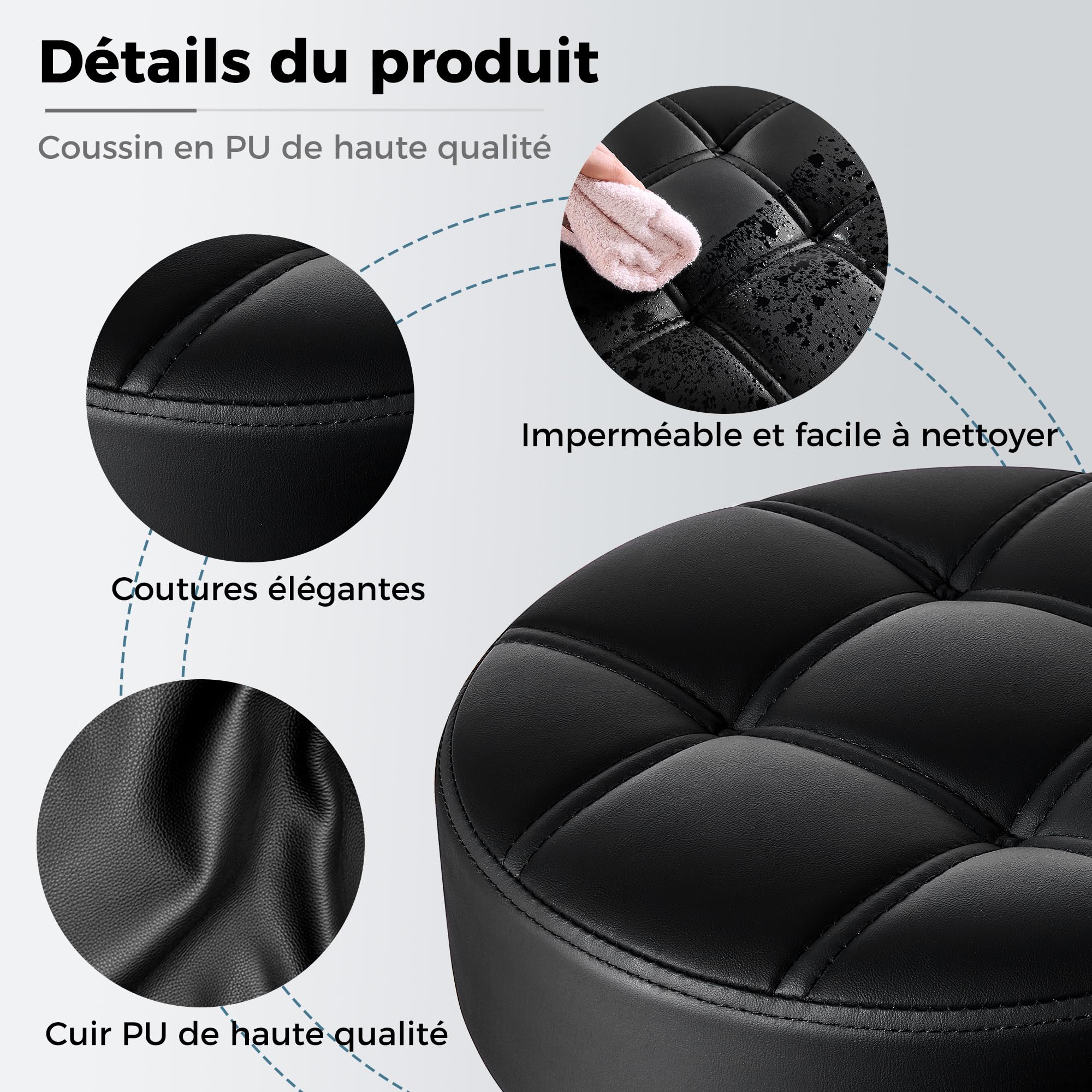 BEWISHOME Tabouret roulettes,Tabouret Bureau Réglable,avec Capacité de Charge jusqu'à 200kg,Rembourrage de Siège en PU,avec roulettes 360° pour Salon,Spa,Massage (Noir) EBYD01B