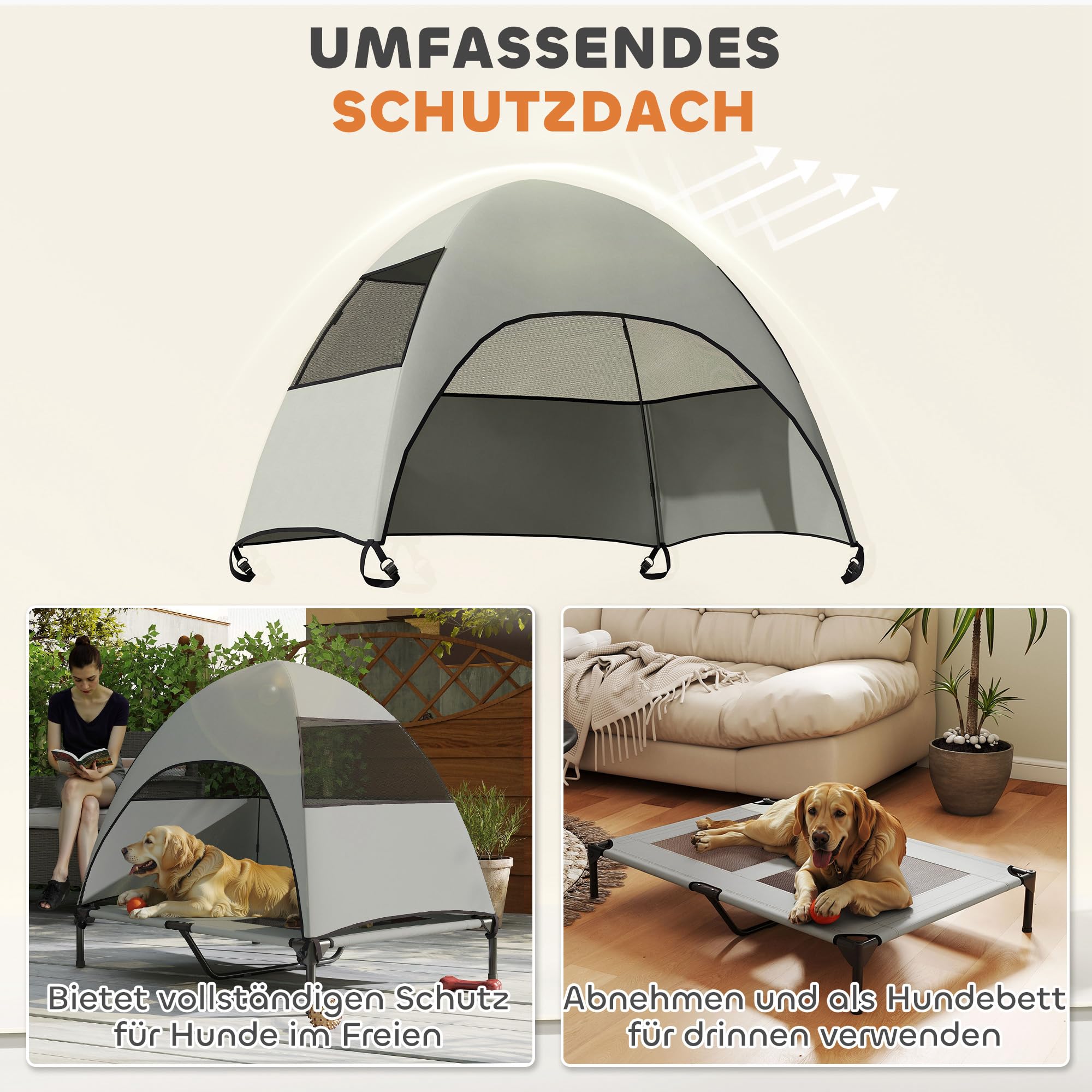 PawHut Tumbona para perros para exteriores con techo, cama elevada para perros grandes, cama para mascotas con marco de acero de malla lavable, bolsa de transporte, cama para mascotas para exteriores