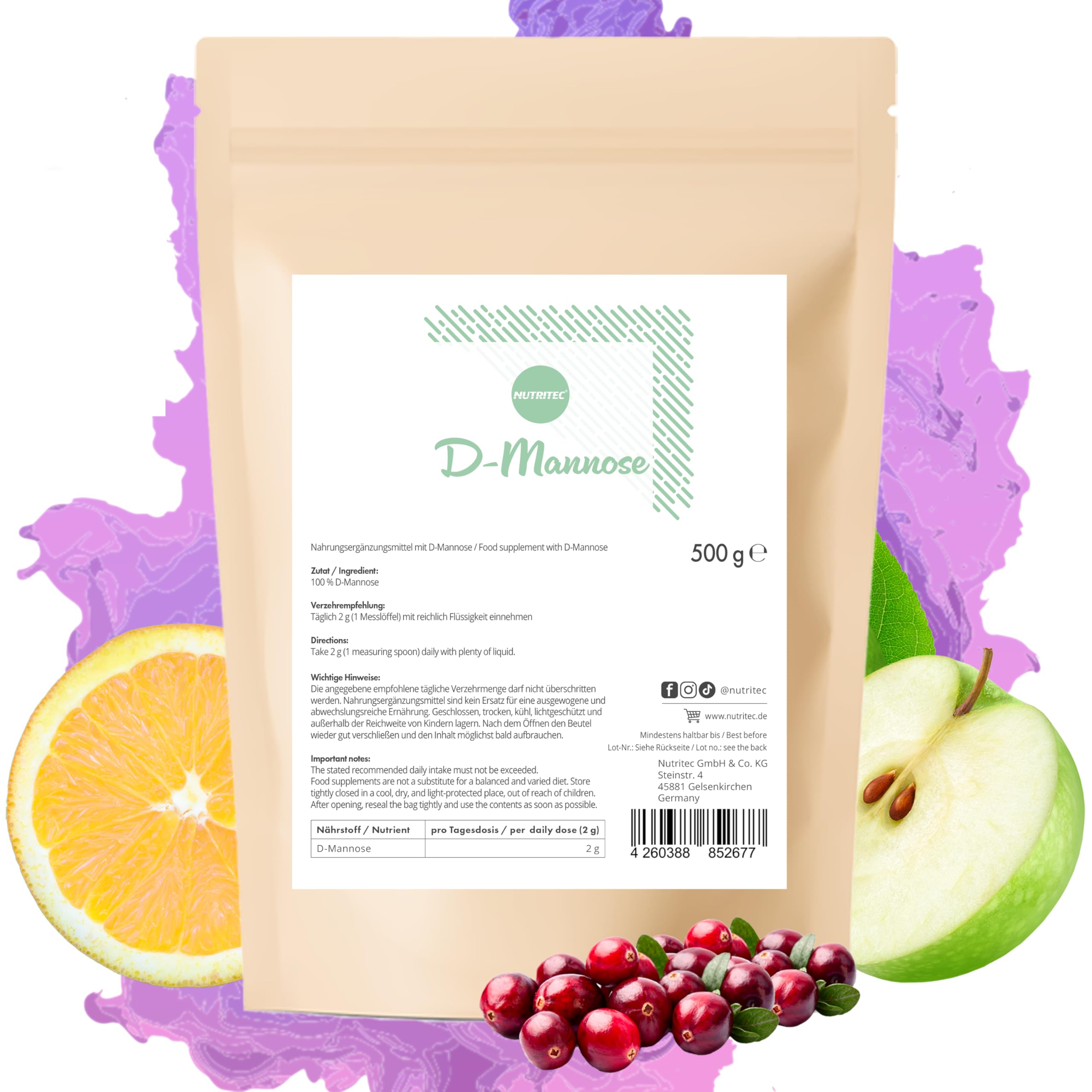 Polvo puro de D-manosa 500 g con cuchara medidora – 250 días de existencia – sin aditivos, calidad alemana, alta dosis, bien soluble, vegano, sin ingeniería genética | Nutritec