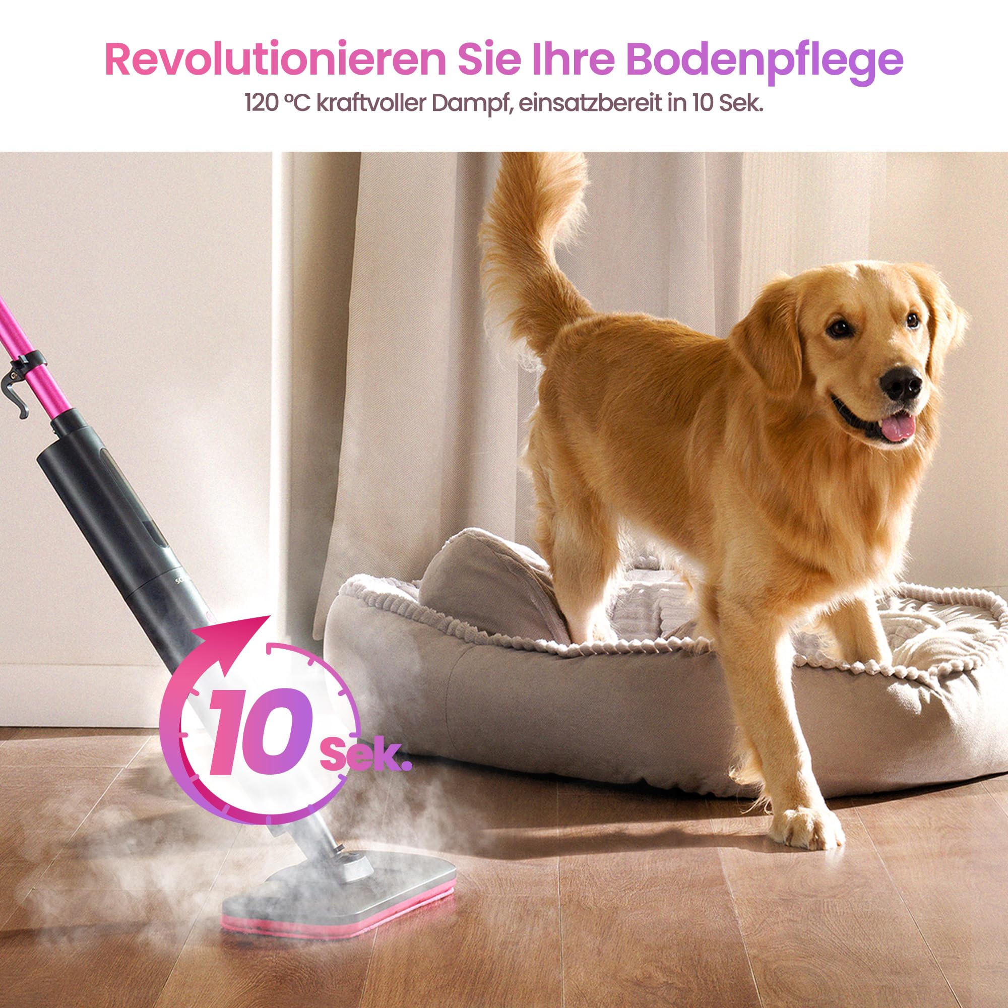 Schenley Leichter Dampfmopp für Hartböden & Teppiche | Dampfstufen, 10 Sek. Aufheizen, 120 °C Dampf, Bis zu 37 Min., 6 m Kabel, Kabelaufwicklung, Freistehend, Chemiefrei
