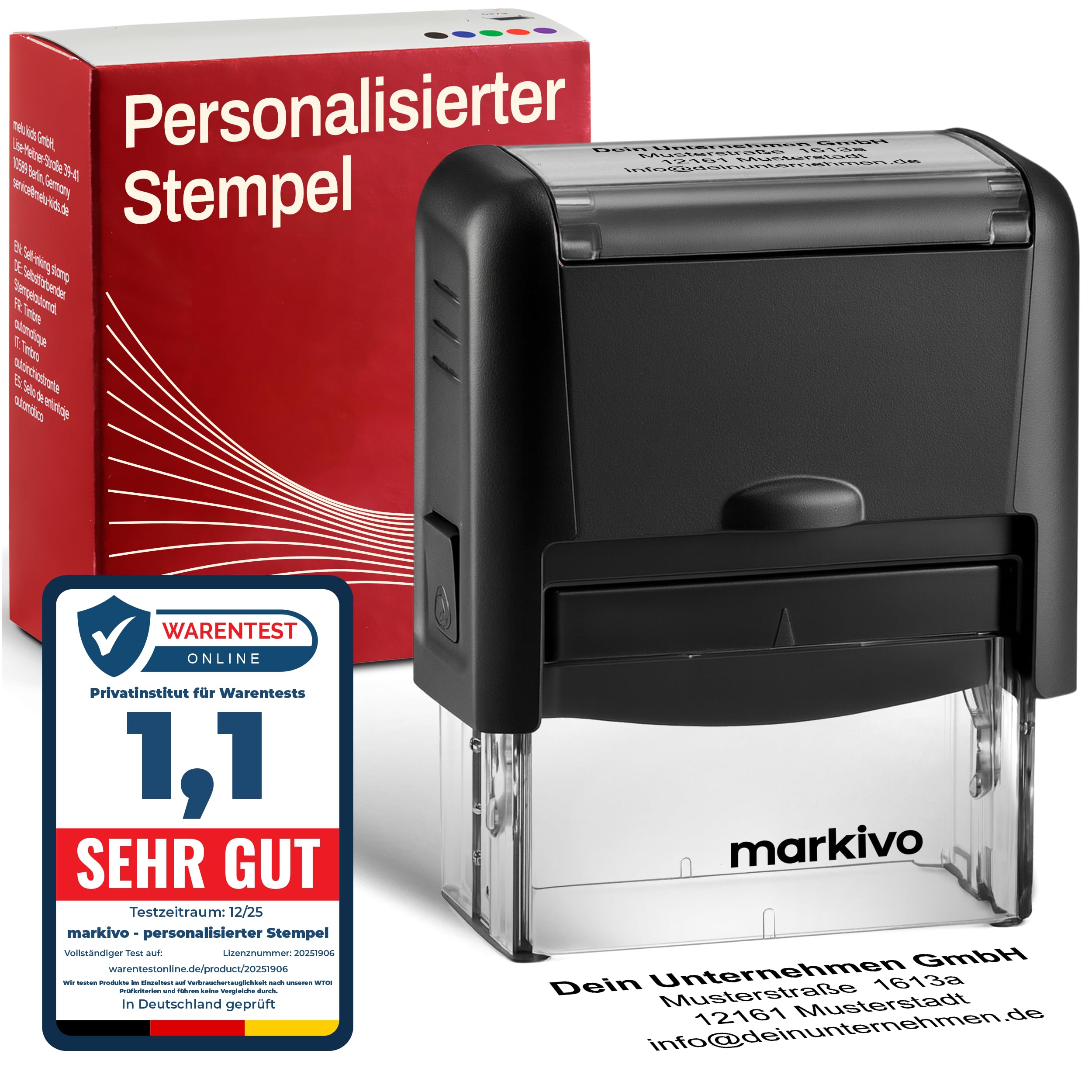Stempel Personalisiert - Firmenstempel mit Text, langlebiger und selbstfärbender Addressstempel, personalisierter Namensstempel 38x14mm, max. 4 Zeilen, schwarz (S)