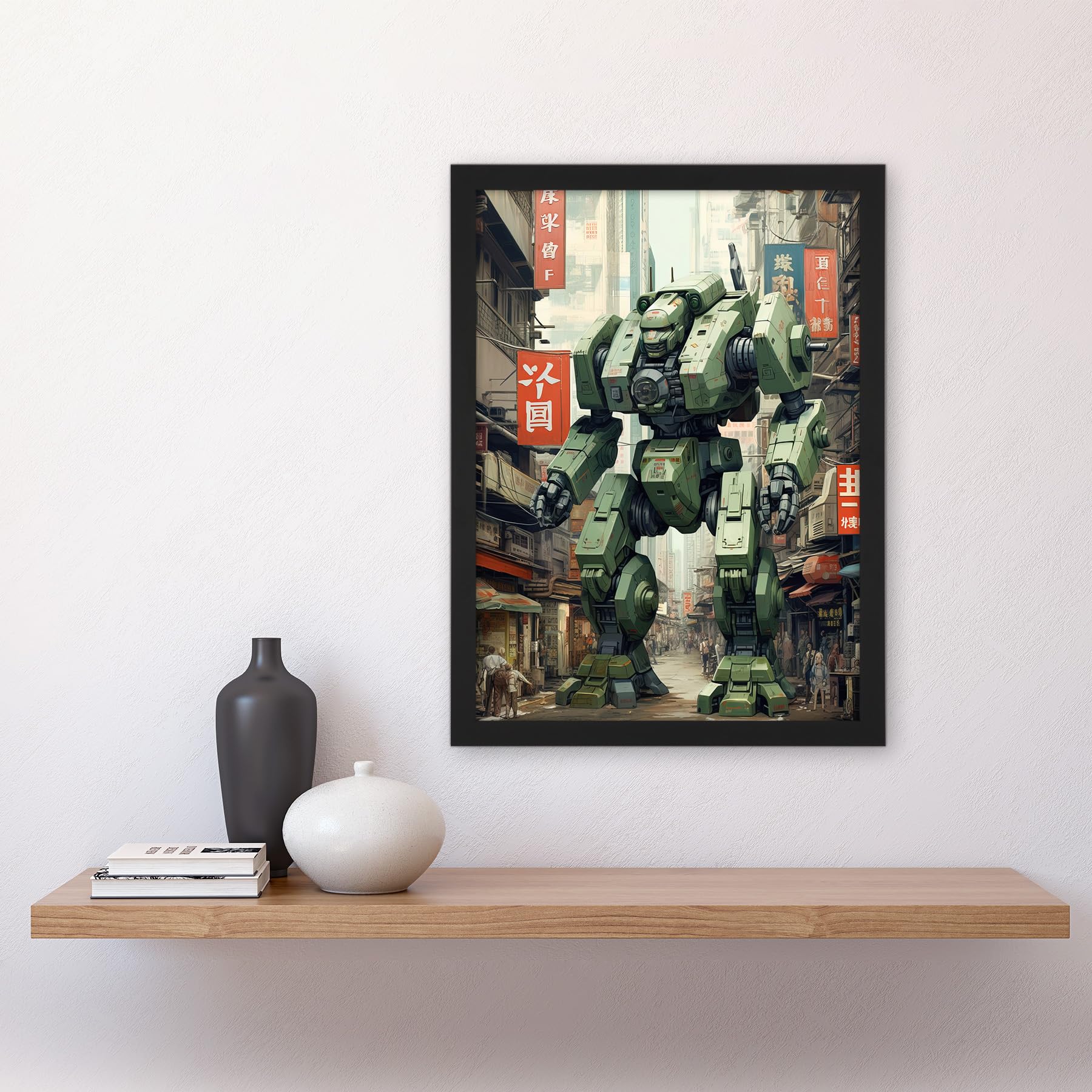 Artery8 Mecha Robot in City Street Anime Sci-Fi Artwork Red Green Giant Humanoid Machine Fantasy Science Fiction Artwork Framed A3 Wall Art Print - Image 2