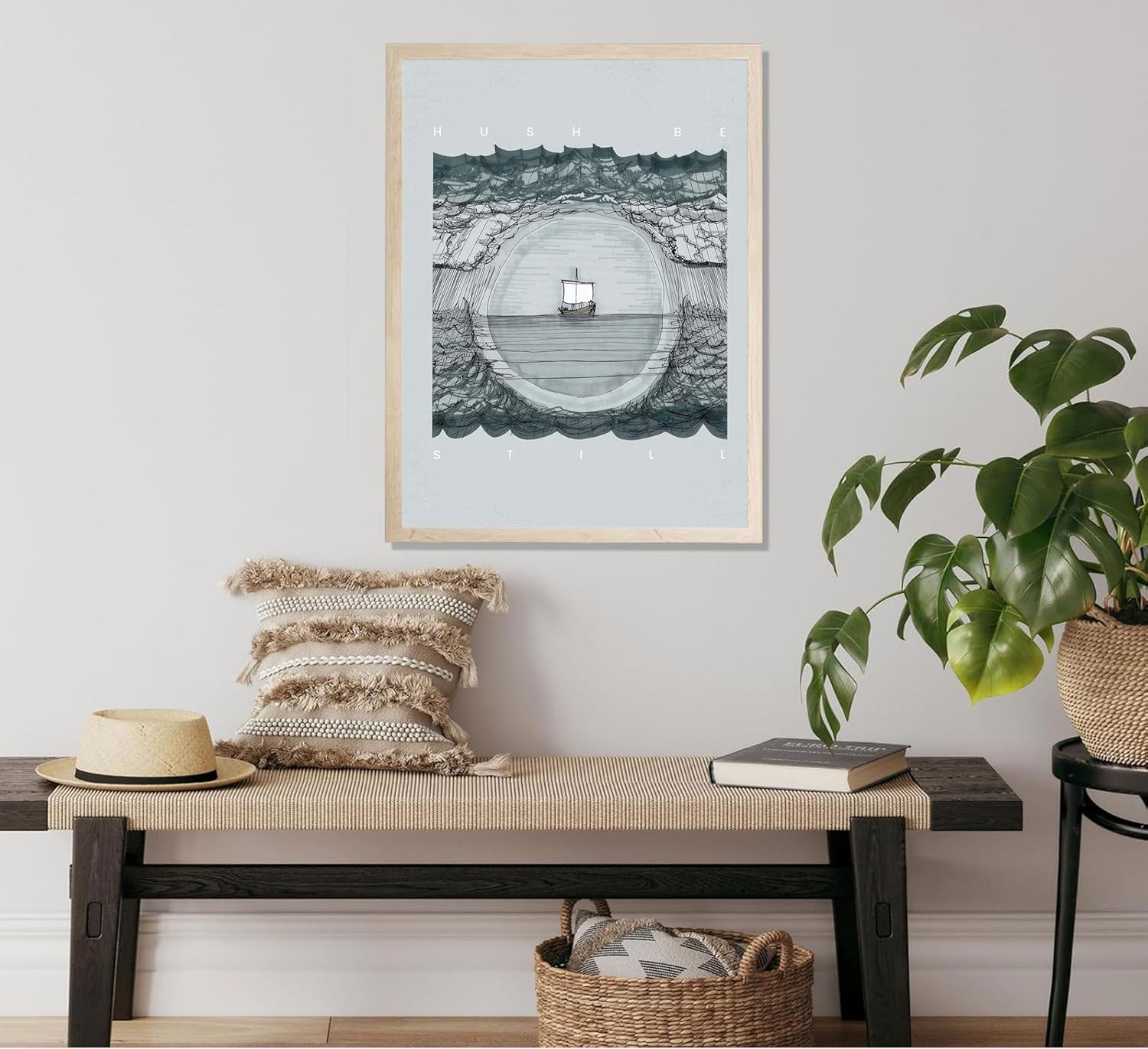 LQOZTBX Jesus Wall Art Hush Be Still Canvas Poster Jesus Boat Print Redemption Art Aesthetics Paintings Bible Sketches Wall Decor for Living Room Bedroom Unframed