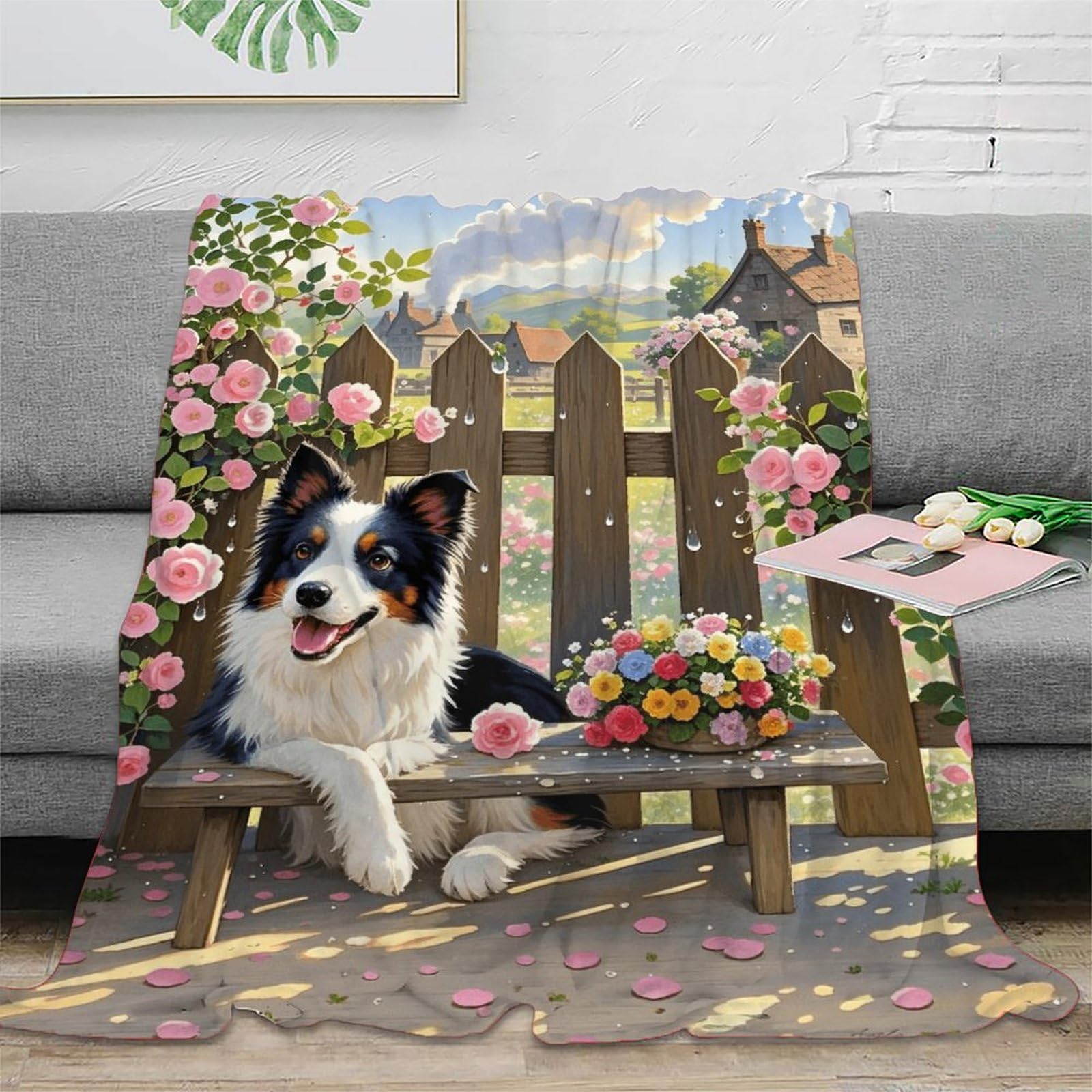 Emyxpaqm Style-12 Border Collie Fleece Throw Blanket For Couch Sofa Bed All Season Border Collie Country Yard Pattern Blanket Fluffy Soft Warm Flannel Gifts For Kids Teens Adults 50X60inch(127X152cm)