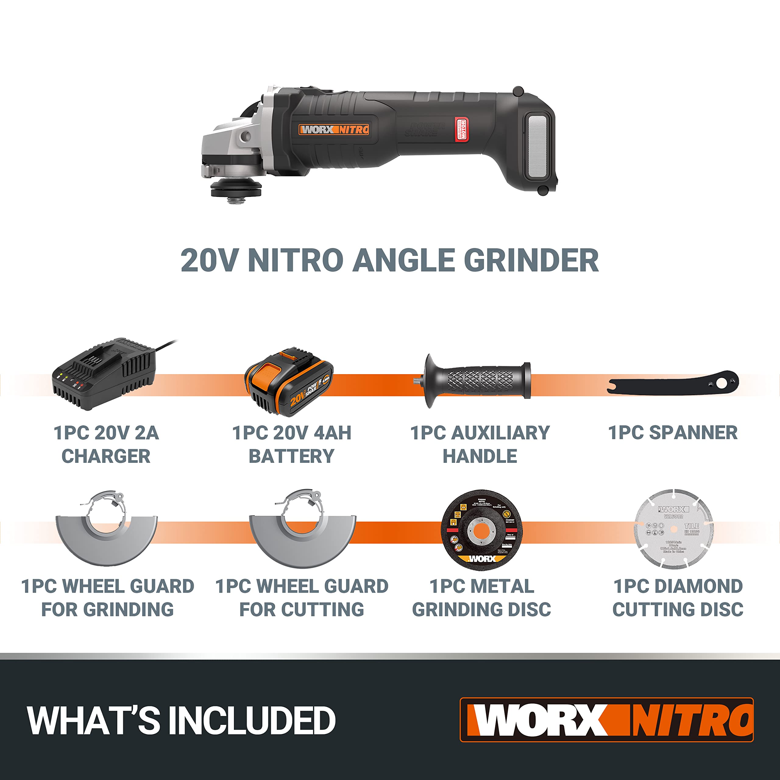 WORX WX812 20Volt 4.0Ah. 125mm Kömürsüz Profesyonel Şarjlı Avuç Taşlama