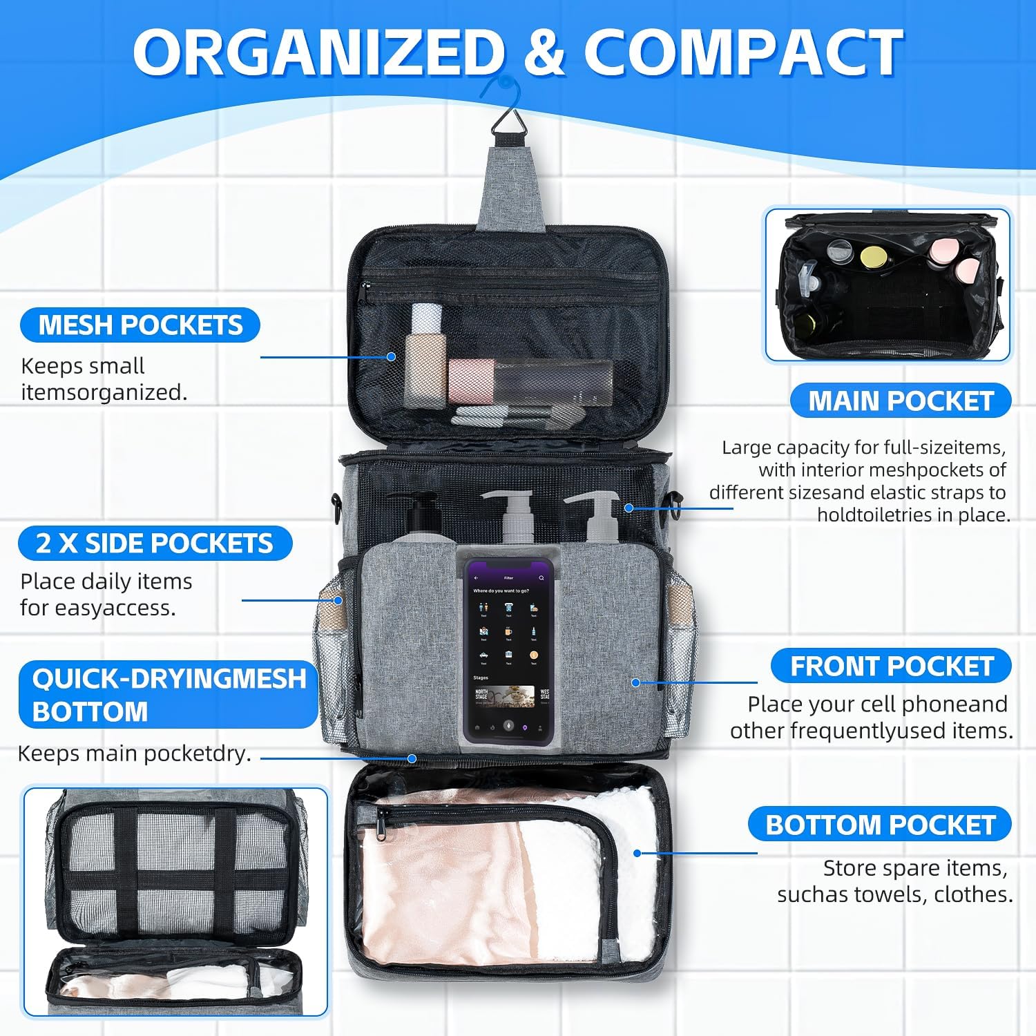 Grey Portable Mesh Shower Organizer – Hanging Toiletry Bag with Handles & Strap, Quick-Dry for Bathroom, Gym, Travel, Camping & College Dorms