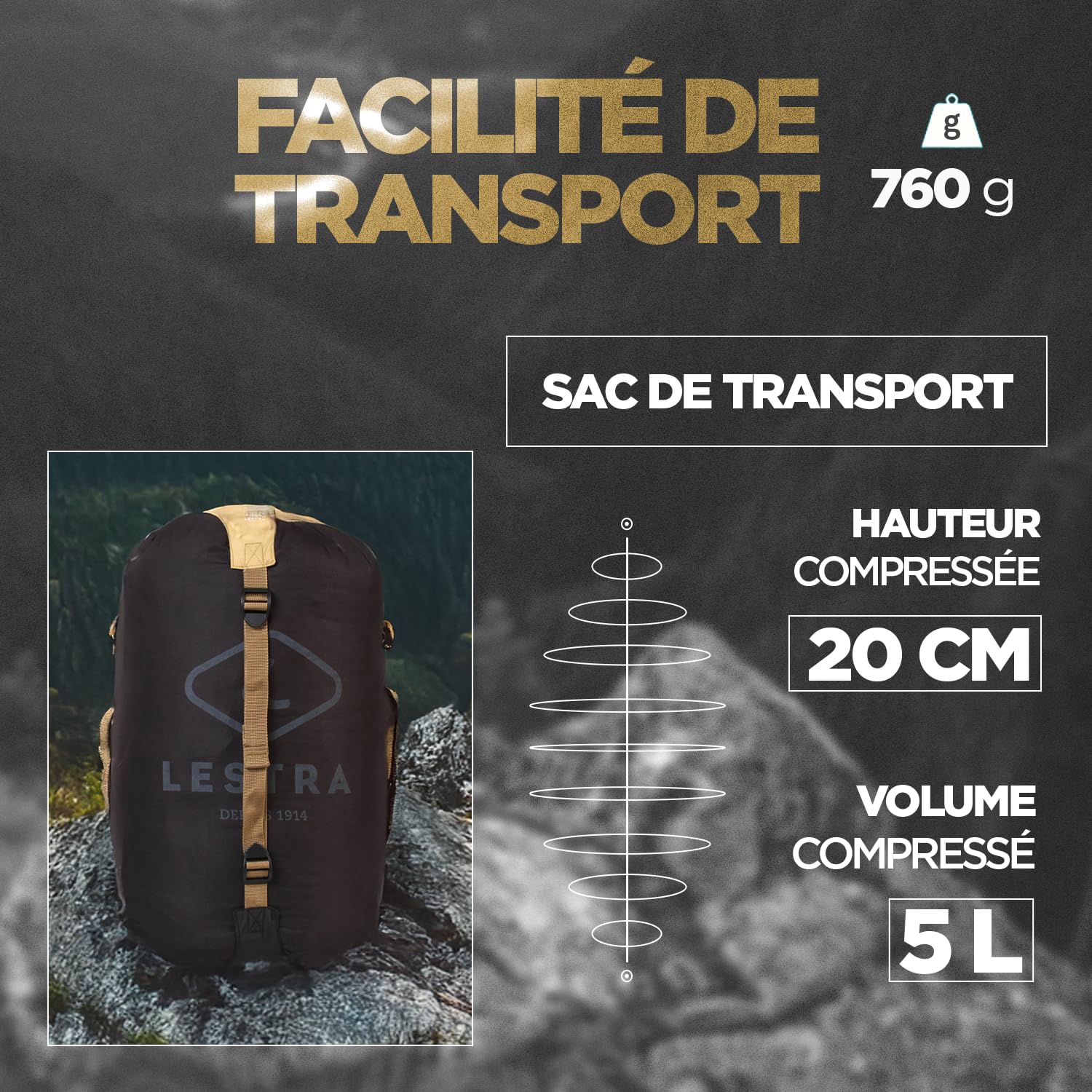 Lestra Sport - Aporia Light - Sac de Couchage Trek et Randonnée - Léger et Performant - T° Limit Confort 02 °C - Duvet de Canard - Adulte - 210 x 80 cm - 760 g