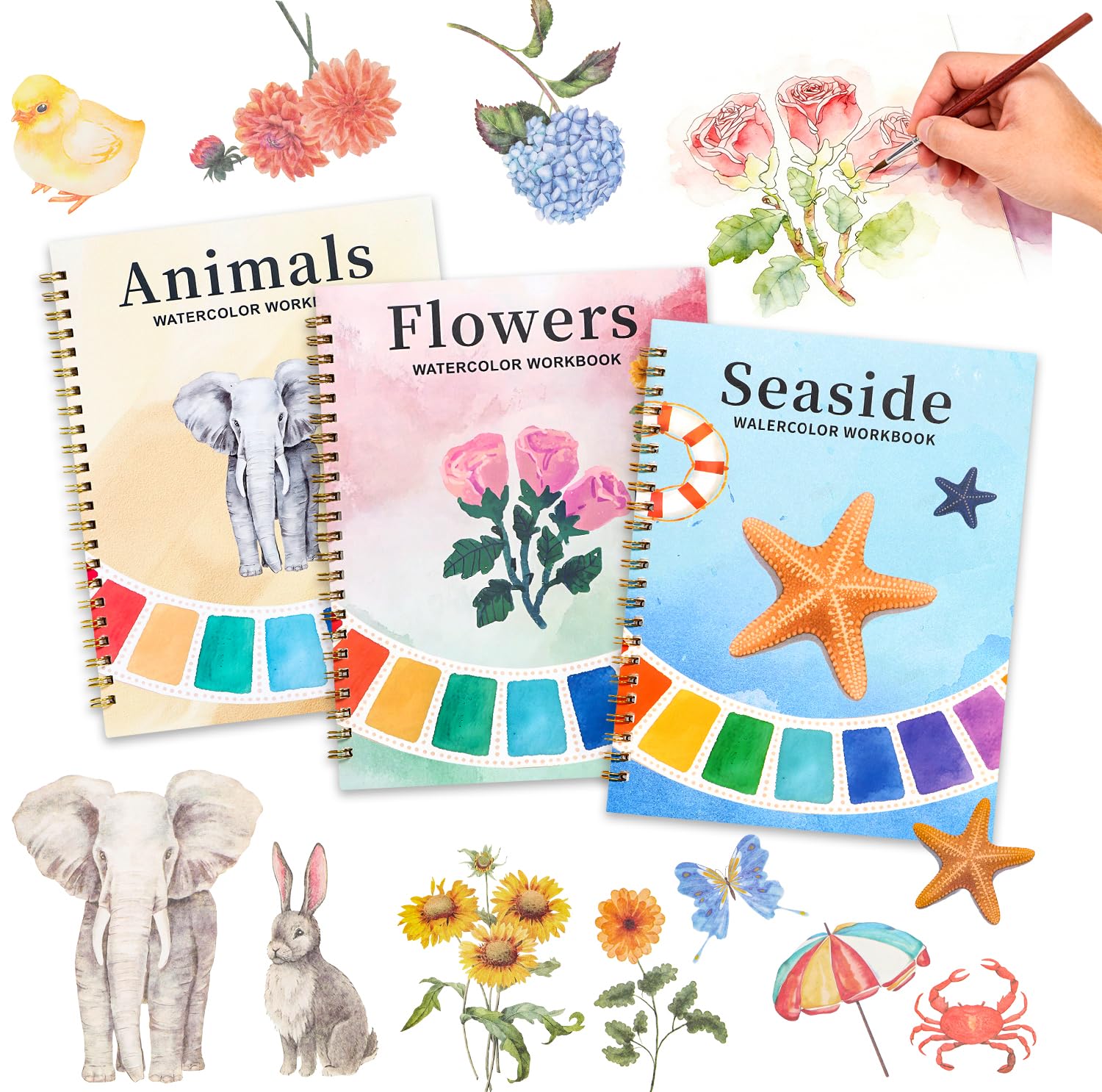 3 Pcs Watercolour Workbook,Beginner-Friendly Water Colouring Book, DIY Painting Art Kit with 36 Patterns of Original Designs, Water Colour Workbooks for Adults Kids (Flowers & Animals & Seaside)