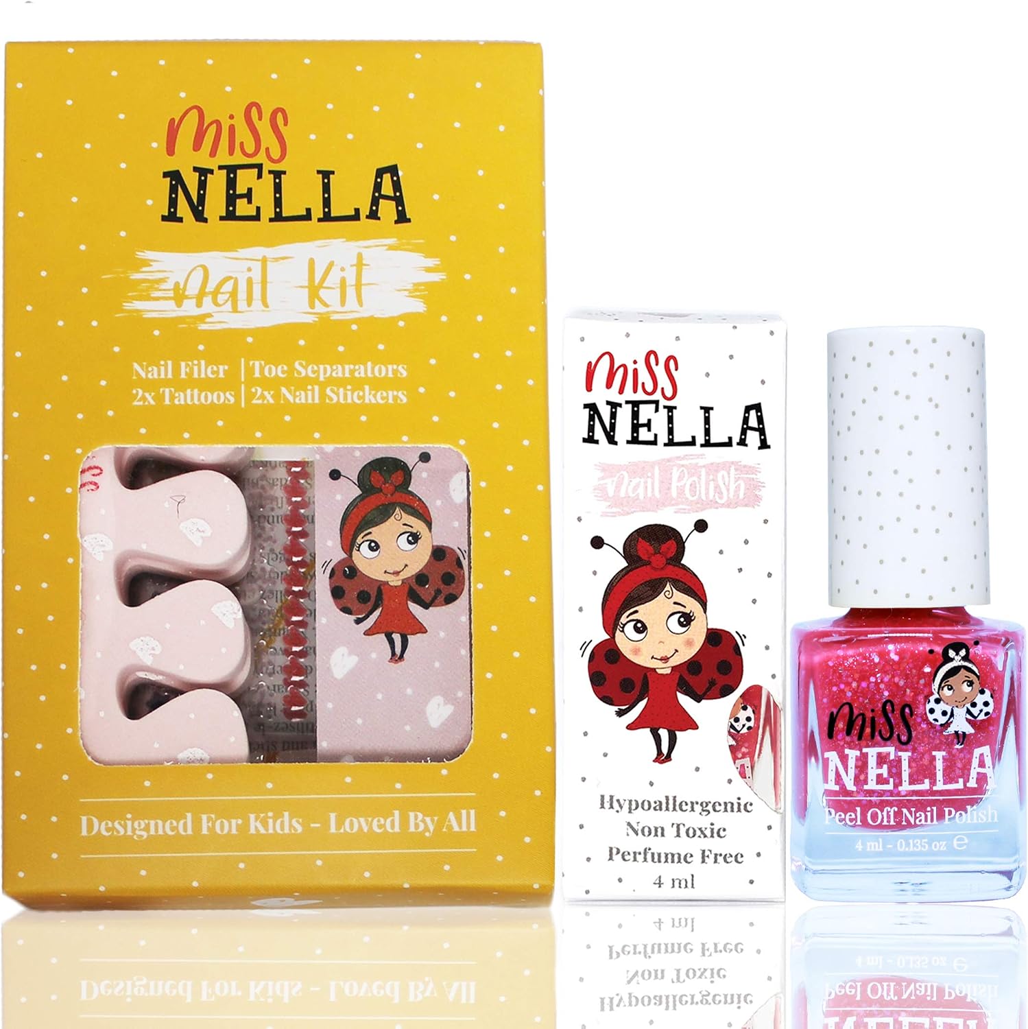 Miss Nella NAIL KIT & NAIL POLISH- Accessories set for kids + peel off nail polish, nail stickers, tattoos