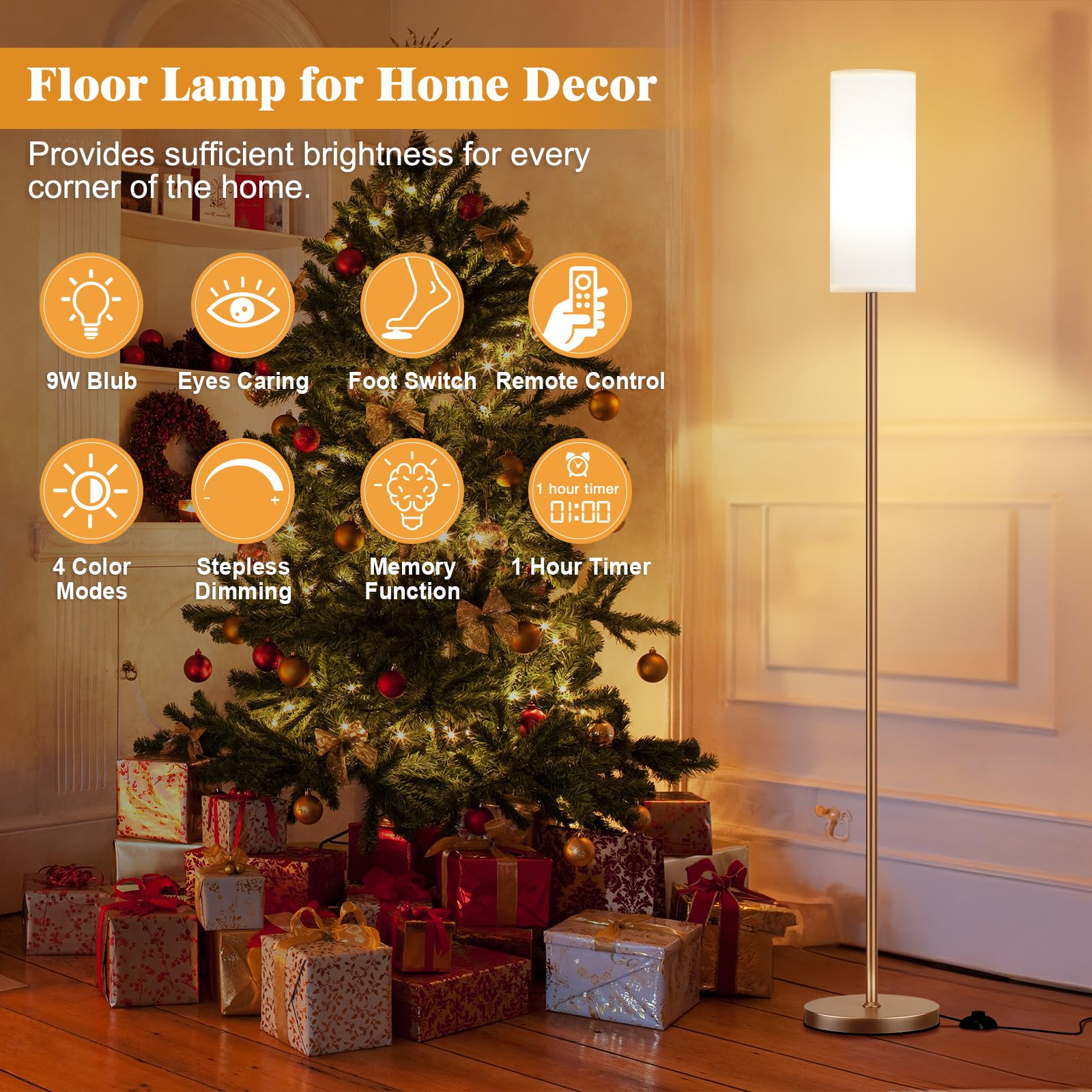 Aooshine Floor Lamps for Living Room 64" Modern Floor Lamp with White Shade and Brown Pole(9W Bulb Included) - Image 4