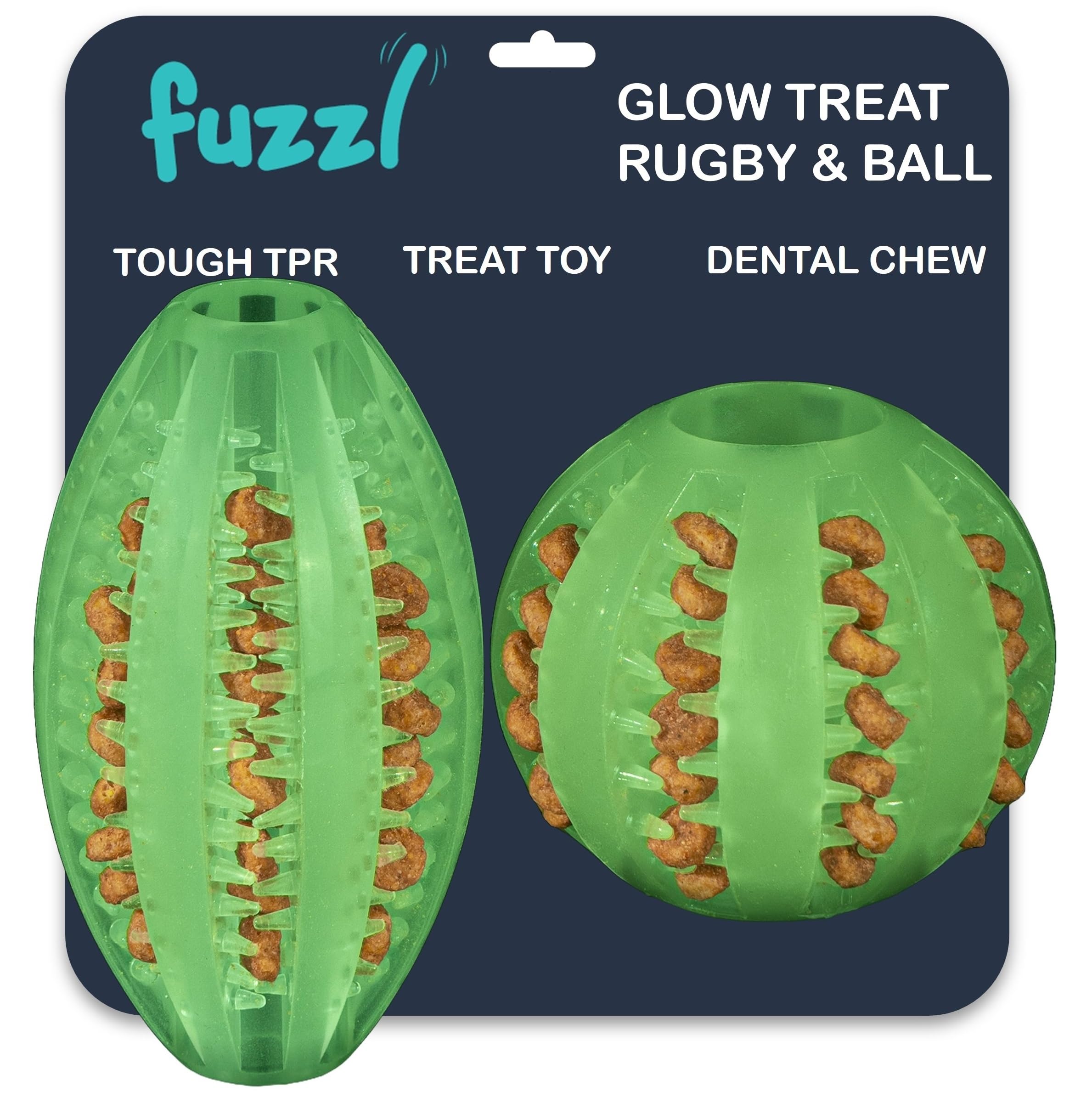 Fuzzl Super Glow Dog Ball and Rugby Treat and Dental Toy