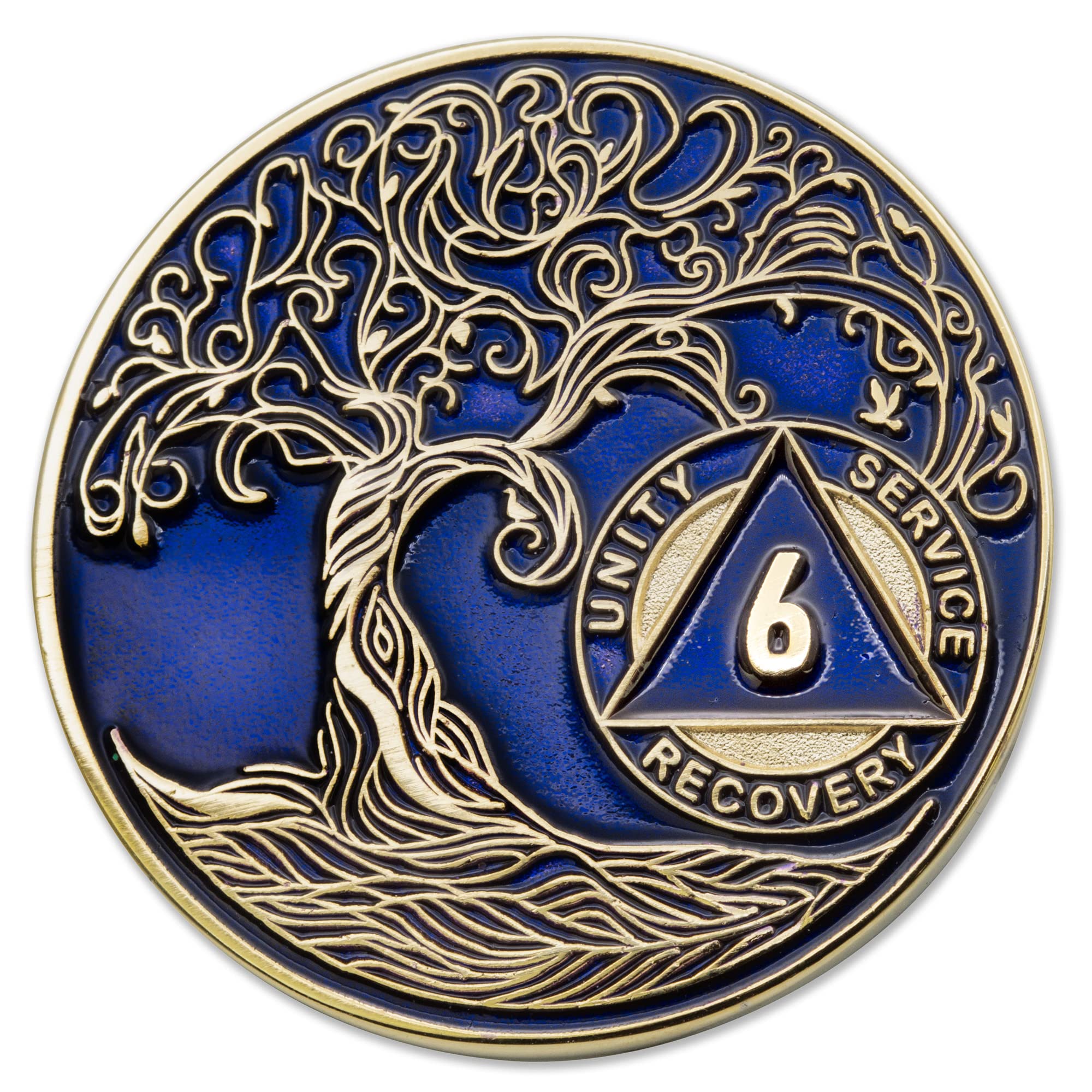 1 to 50 Year Twisted Tree of Life Sobriety Coin - Gold Plated AA Chips &amp; Medallions - 6 Year Sobriety Coin - Translucent Blue
