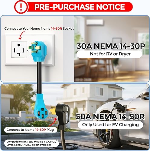 Miniatura 2 de CircleCord NEMA 14-30P a 14-50R Cable adaptador de cargador EV compatible con Tesla y RV uso, secadora de 30 amperios a EV de 50 amperios para carga
