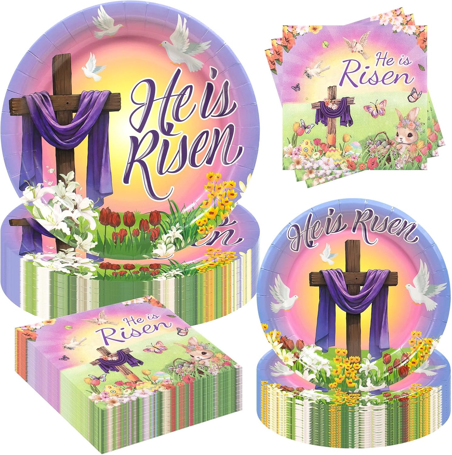 180Pcs Easter He is Risen Paper Plates and Napkins Set,Disposable Jesus Cross Lily Floral Easter Party Decorations for Religion Christ Party,Serve 60 Guests