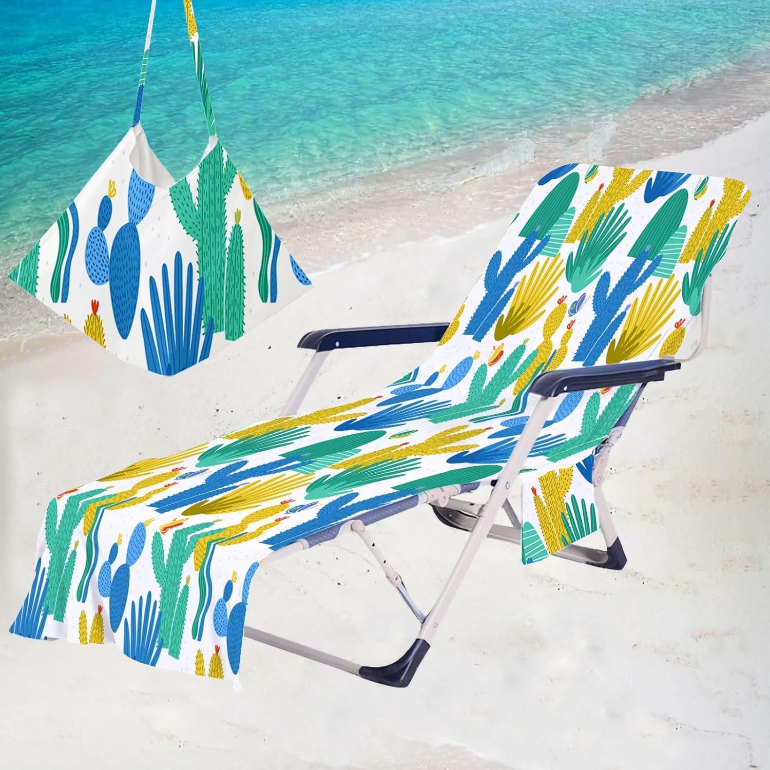 2pcs Beach Chair Towel Microfiber Chaise Lounge Chair Towel Cover for Sunbathing Garden Beach Hotel,Outdoor, Patio Garden,Easy to Carry Around,No Sliding(Cactus 6)