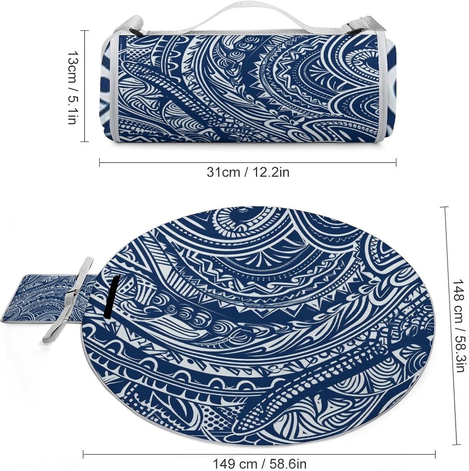 Blue Polynesian Maori Tribal Pattern Round Outdoor Picnic Mat Foldable Waterproof Beach Camping Blanket Outdoor Rug with Sponge Padding