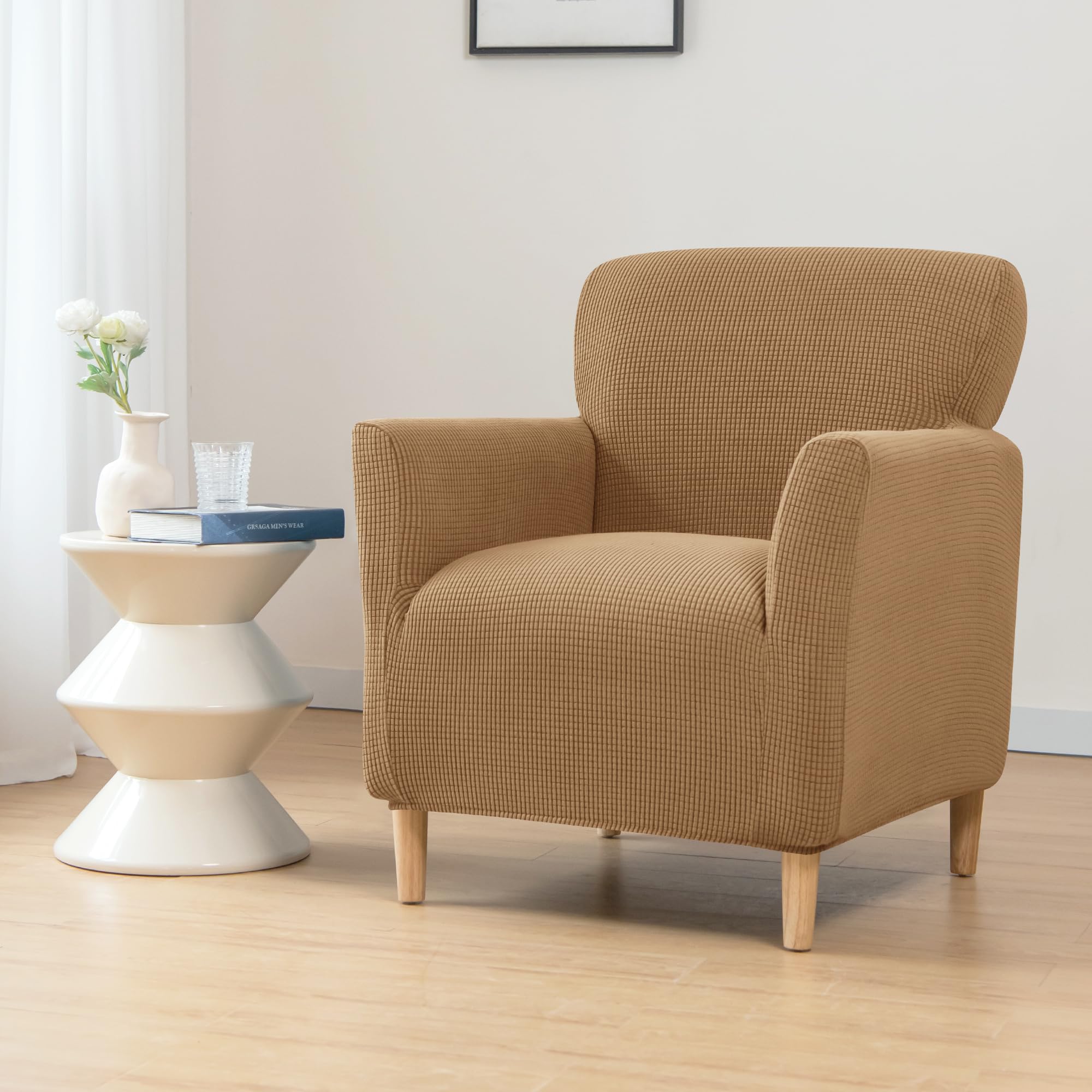 OKYUK Banquet Armchair Slipcovers Chair Slipcovers with Arms Stretch Chair Covers for Living Room Anti Slip Soft Armchair Slipcover Kids Pets Friendly Furniture Protector (Light Curry-A) โ image 1