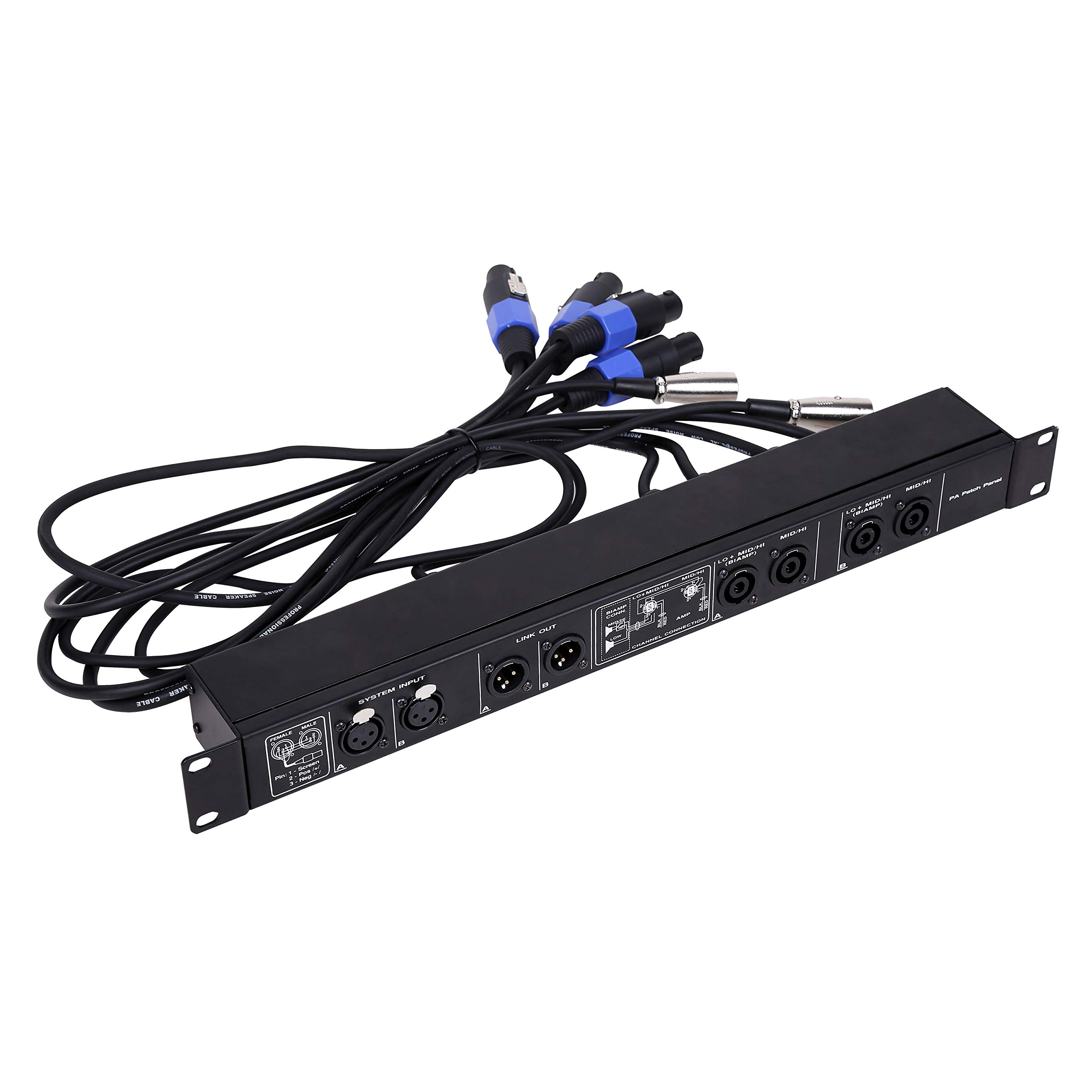 Fame Audio PA Patch Panel, 2-Kanal Endstufe, 1HE Rackblende, XLR In/Out, Speaker Twist Out, 50cm Kabel, für Endstufen und Frequenzweichen