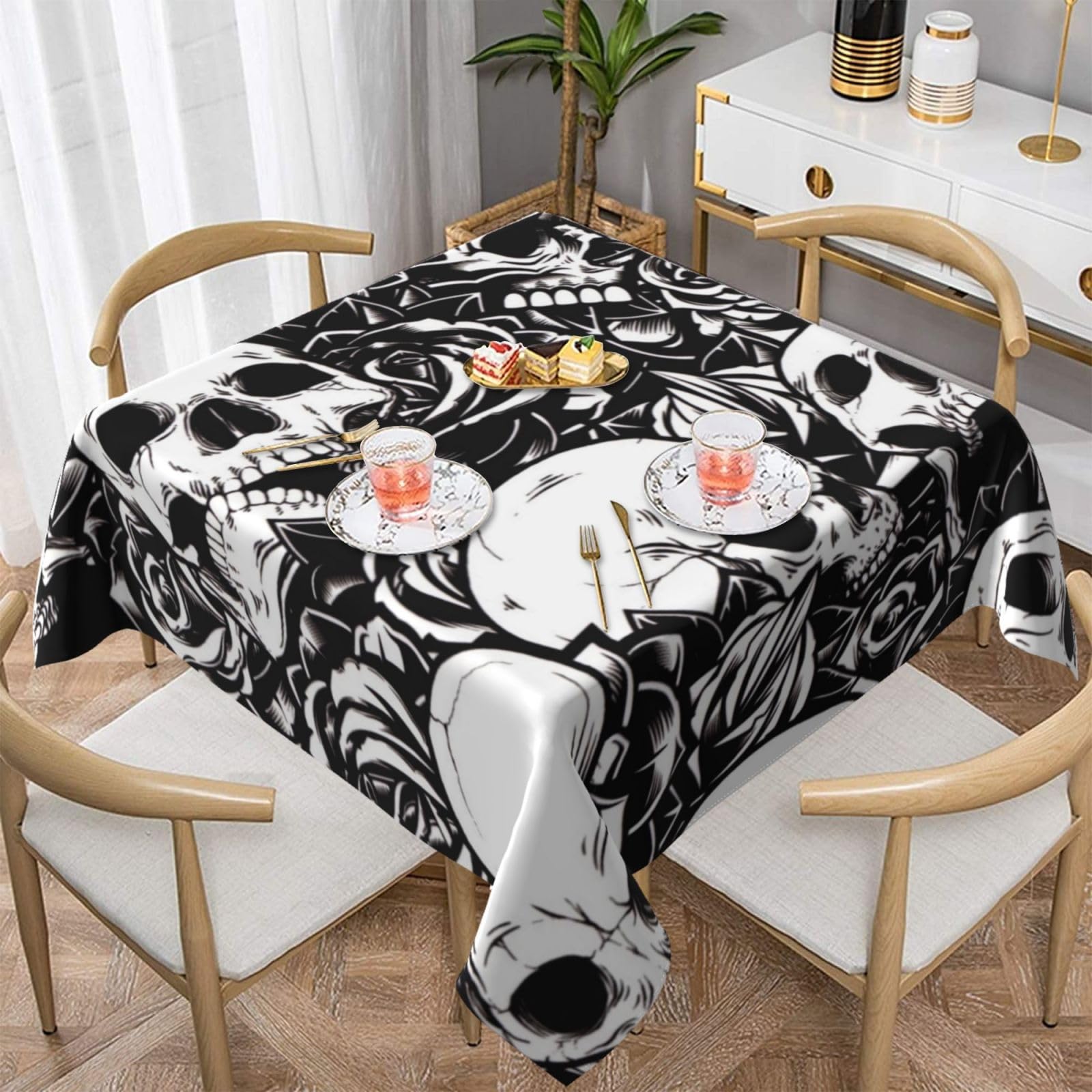 DCEHGEW Black Floral Skull Prints Square Tablecloth 137x137 CM, Waterproof Fabric Table Cloth for Dining Table, Farmhouse Table Cover for Kitchen Dining Tabletop Decoration