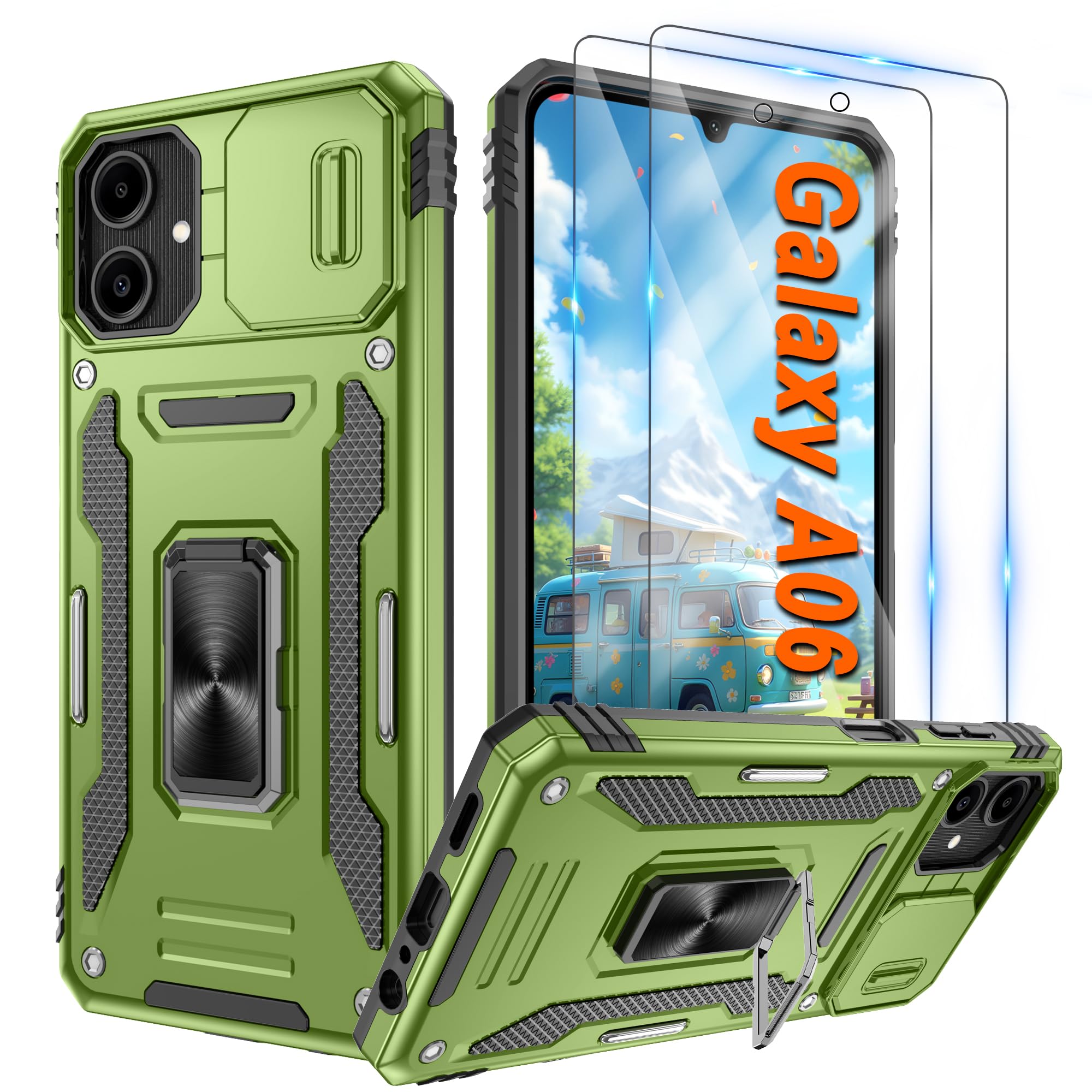 Pilaru Handyhülle für Samsung Galaxy Hülle, mit 2 Stück Schutzfolie Schiebe-Kameraschutz Militär Case,360° Drehhalter Ring Stoßfestes Cover Handy Hüllen