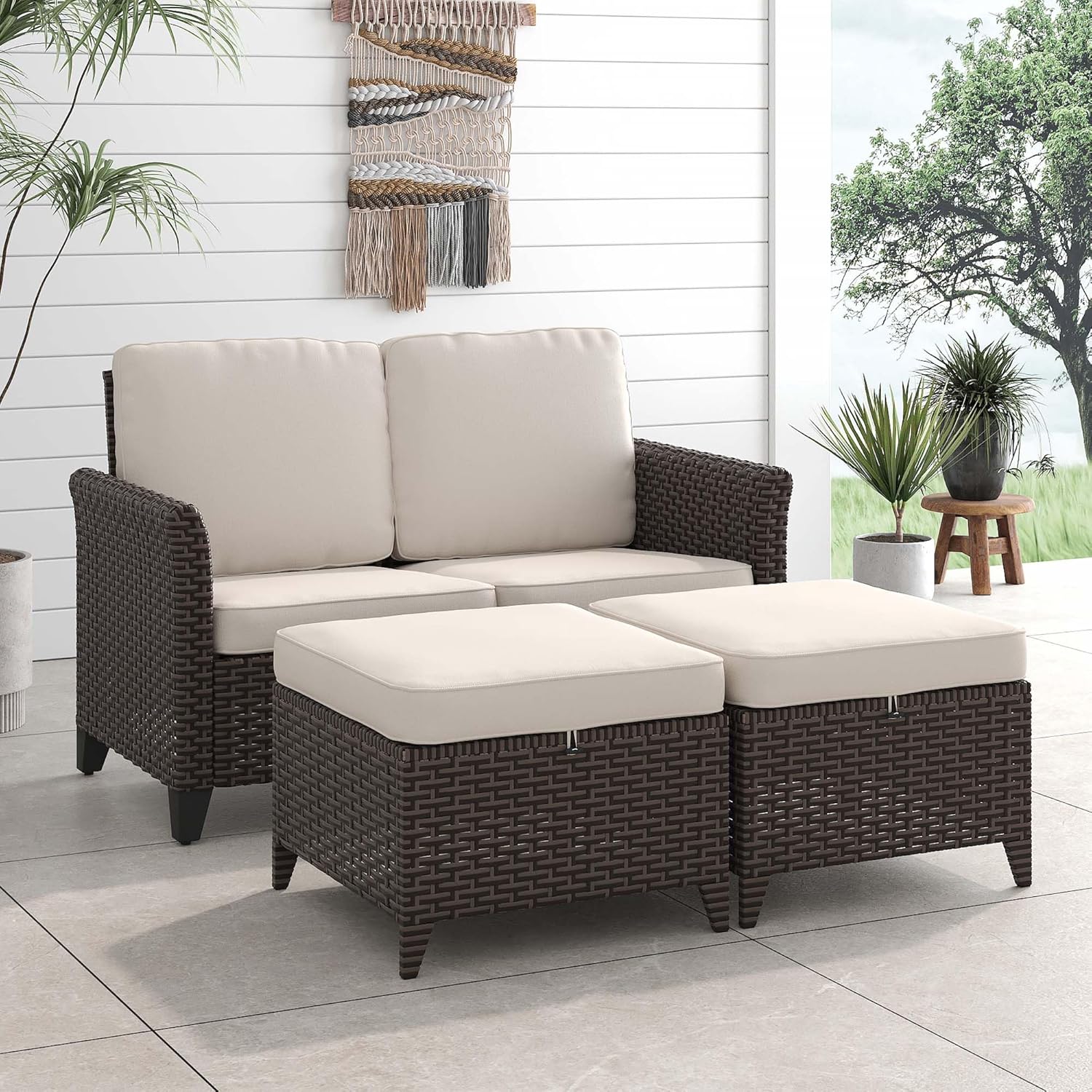 5 Pieces Patio Furniture Set, PE Wicker Loveseat with 2 High Back Chairs & 2 Ottomans, All-Weather Rattan Furniture with Waterproof Cushions for Deck, Garden, Porch
