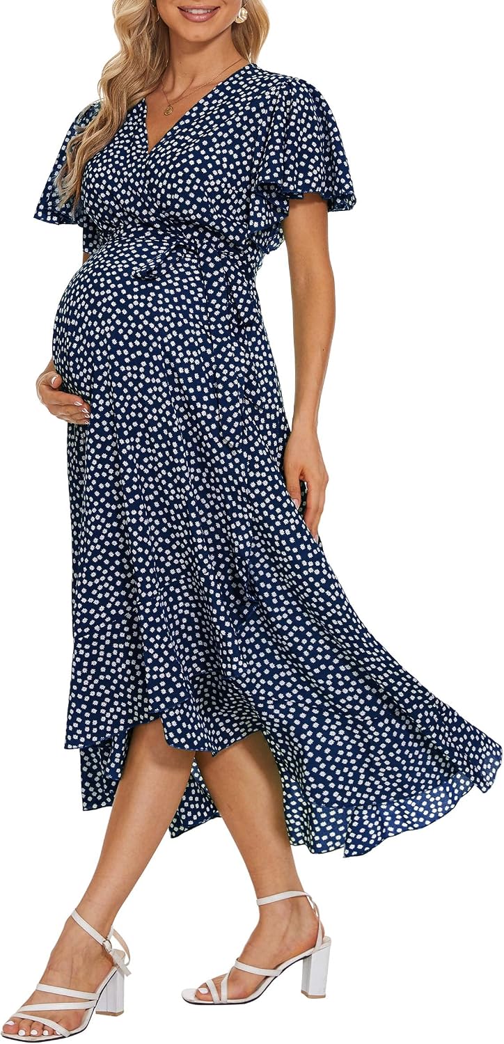 Maternity Floral Wrap Dress with Belt/Ruffle Short Sleeve Side Slits Dress Baby Shower