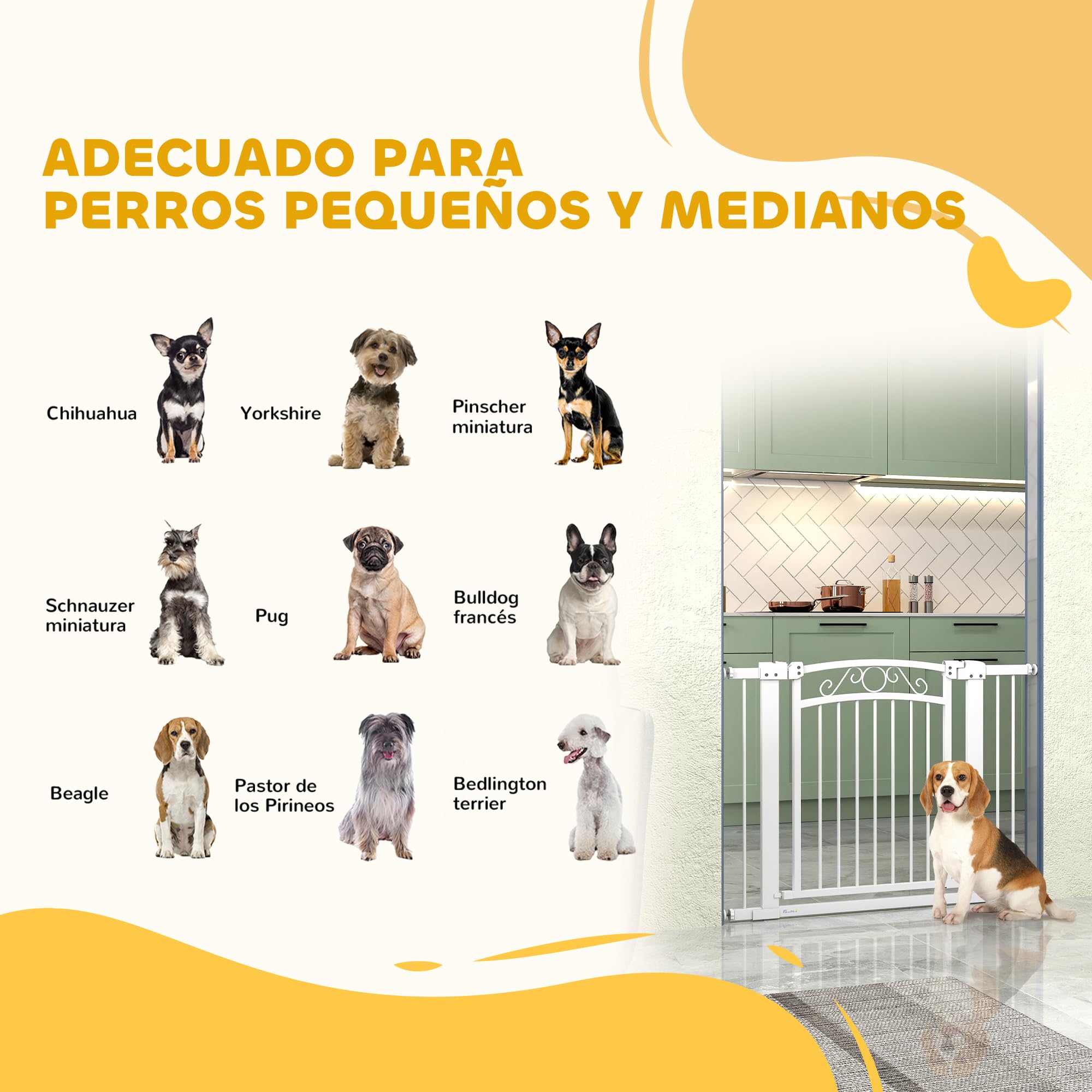 PawHut Barrera para Perros con Cierre Automático, Puerta para Perros 76-104 cm, Barrera de Seguridad con 2 Extensiones 7/14 cm, Fácil Montaje, Doble Bloqueo, para Escaleras y Puertas, Blanco