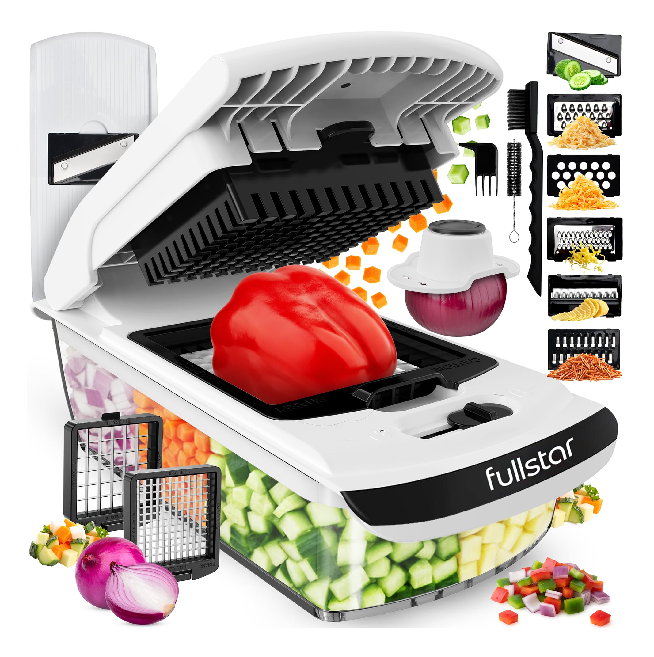 Fullstar Vegetable Chopper - Food Chopper - Onion Chopper - Vegetable Slicer & Spiralizer - Veggie Chopper with Container - Kitchen Gadgets - Home Essentials - Kitchen Accessories (All in 1, White)