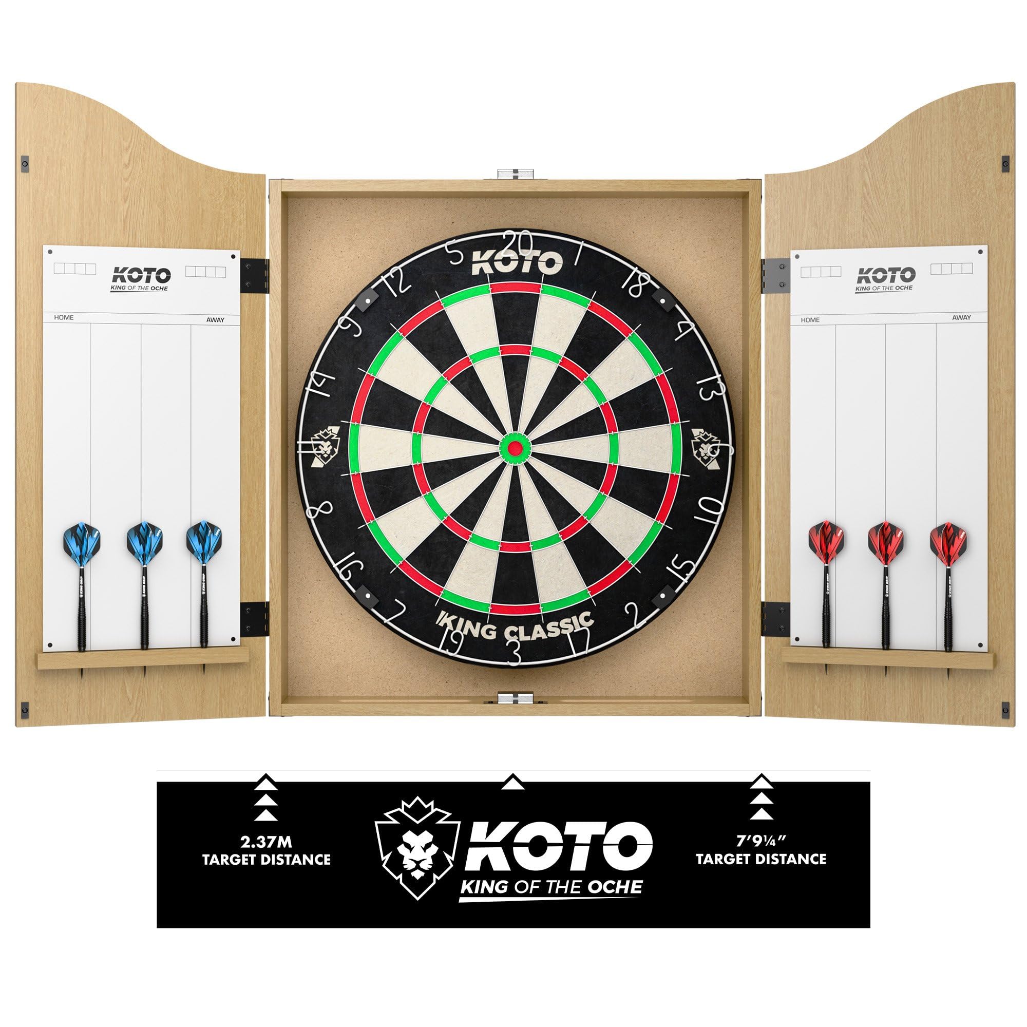 KOTO - Centre de Fléchettes Chêne, Ensemble Complet avec Armoire, Cible de Fléchettes, Deux Jeux de Fléchettes et Ligne de Lancer