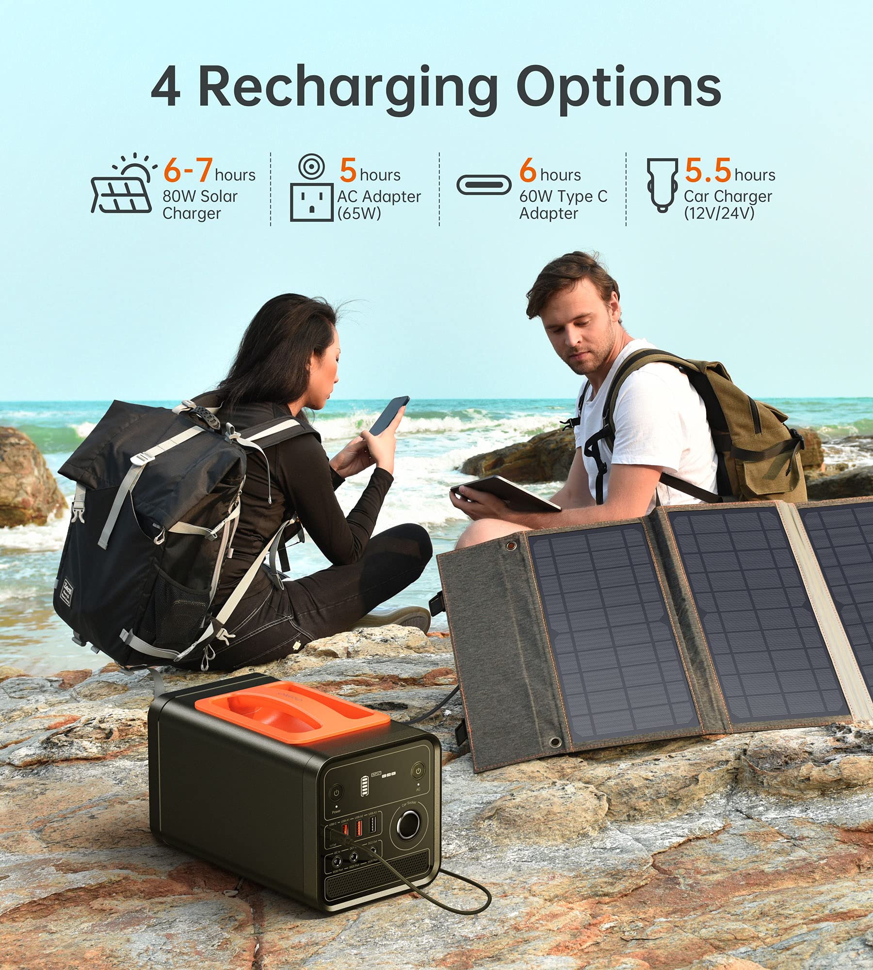 Generateur portable 300W groupe électrogène solaire incluant une batterie de secours avec prise CA/CC, prise de voiture 12V et port PD pour le camping en pleine air ou pour des urgences en extérieur