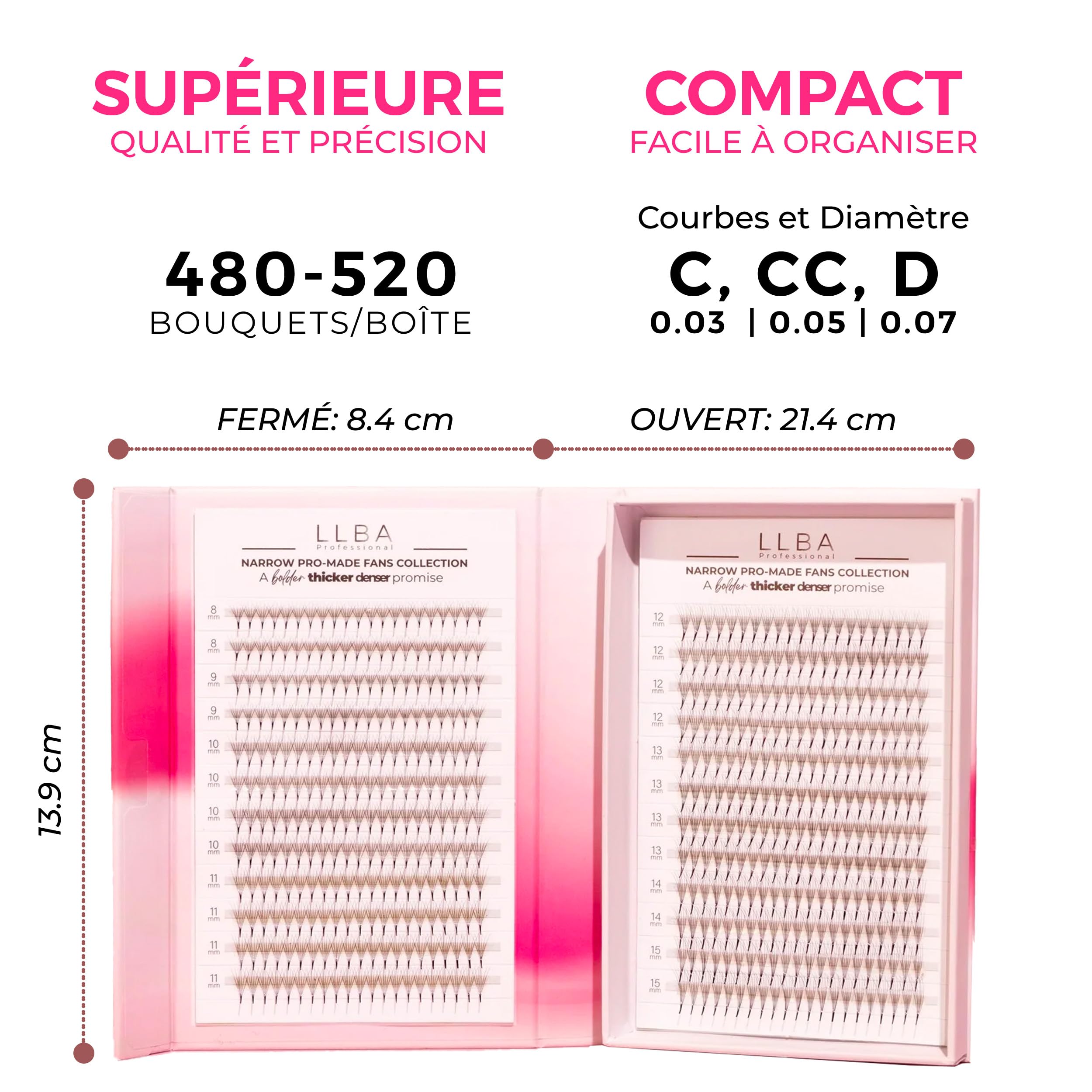 LLBA LashFolio Bouquets Pré faits Promade Étroits, Cils volume Faits à la Main, Choix 5D~10D, Courbes C CC D, Épaisseurs 0.03~0.07mm, Longueur 8-15mm, Longue Durée & Application Facile