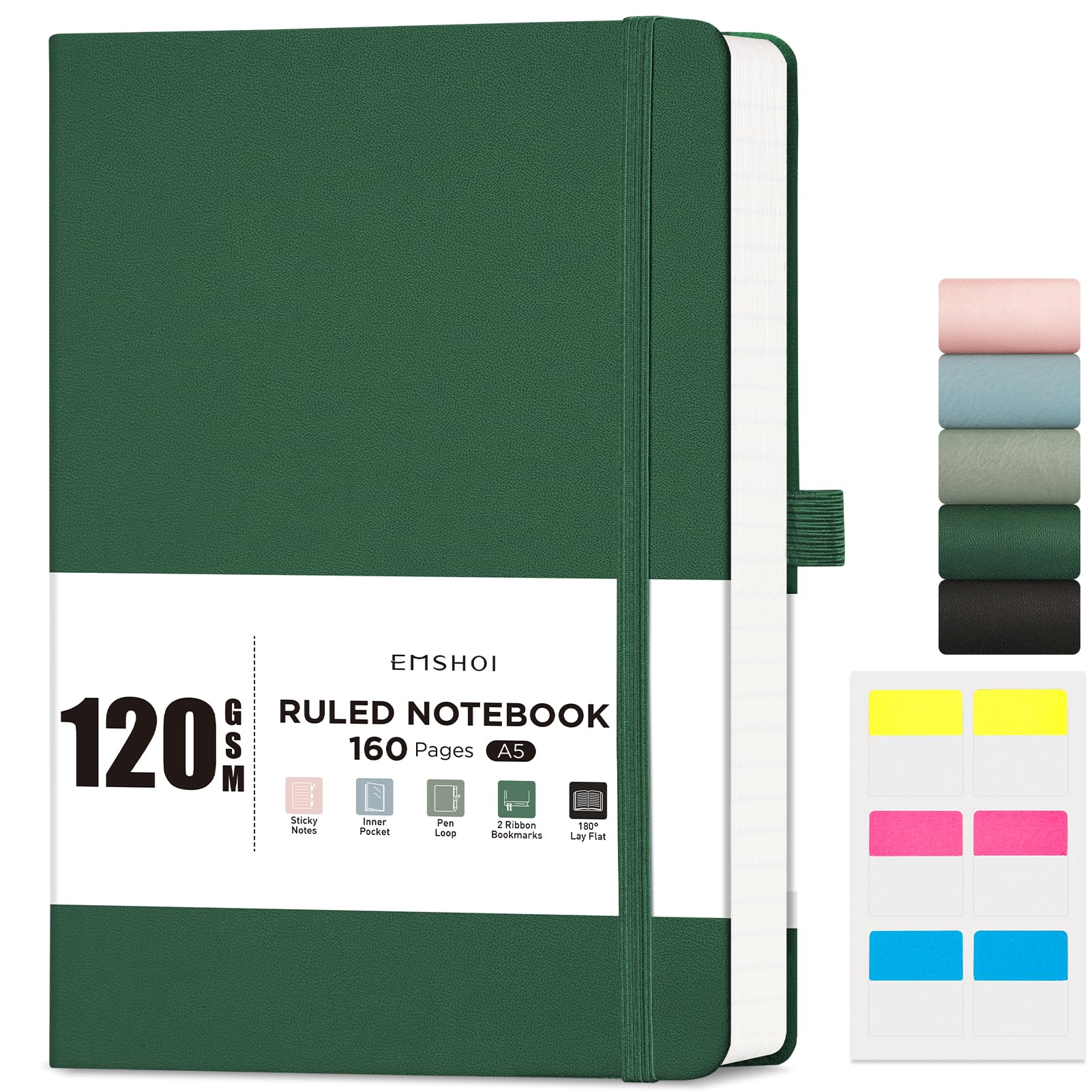 EMSHOI A5 Notebook Lined Journal, 120 GSM Paper Hardcover Notepad for Work 160 Pages College Ruled Note Book
