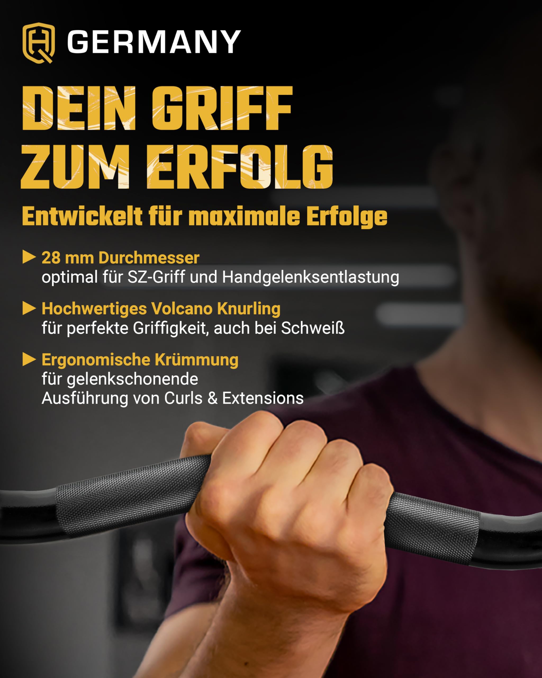 HQ Germany® SZ-Stange 50mm [Performance-Line] - Curl-Stange 50mm | Nadel statt Gleitlager, hartverchromte Sleeves, schwarz verchromter Schaft, 50mm Aufnahme, bis 250kg belastbar