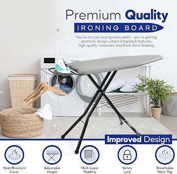 BKTD Extra-Wide Ironing Board 4818 Large Surface (57 w/Iron Rest) Built-in Clothes Rack, Hanger & Cord Holder Heat-Resistant Cover Heavy-Duty, No Wobble Adjustable Height Black Grey.