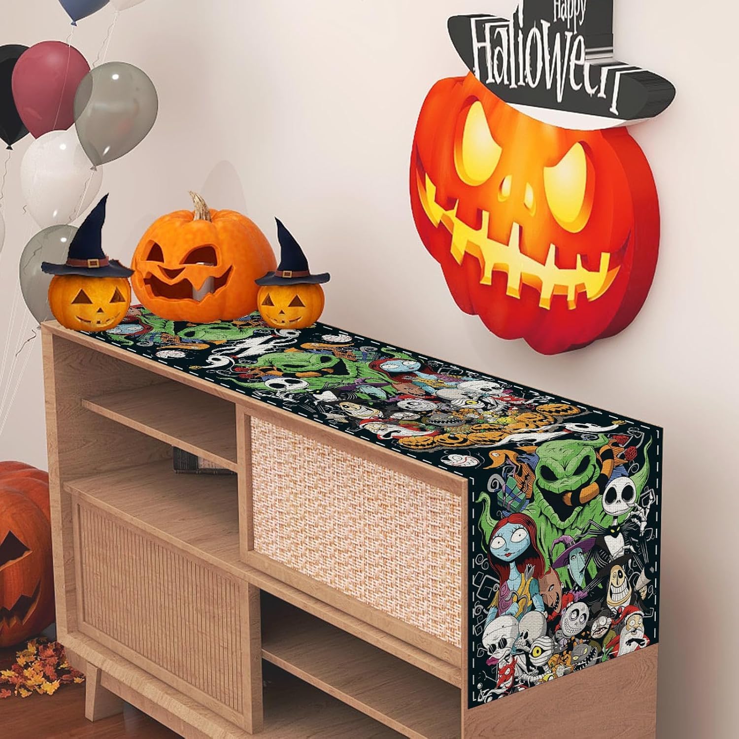 Chemin de Table d'halloween en Lin Rouge Noir et Orange, 35 x 180 Chemin de Table d'halloween en Lin Rouge Noir et Orange, 35 x 180