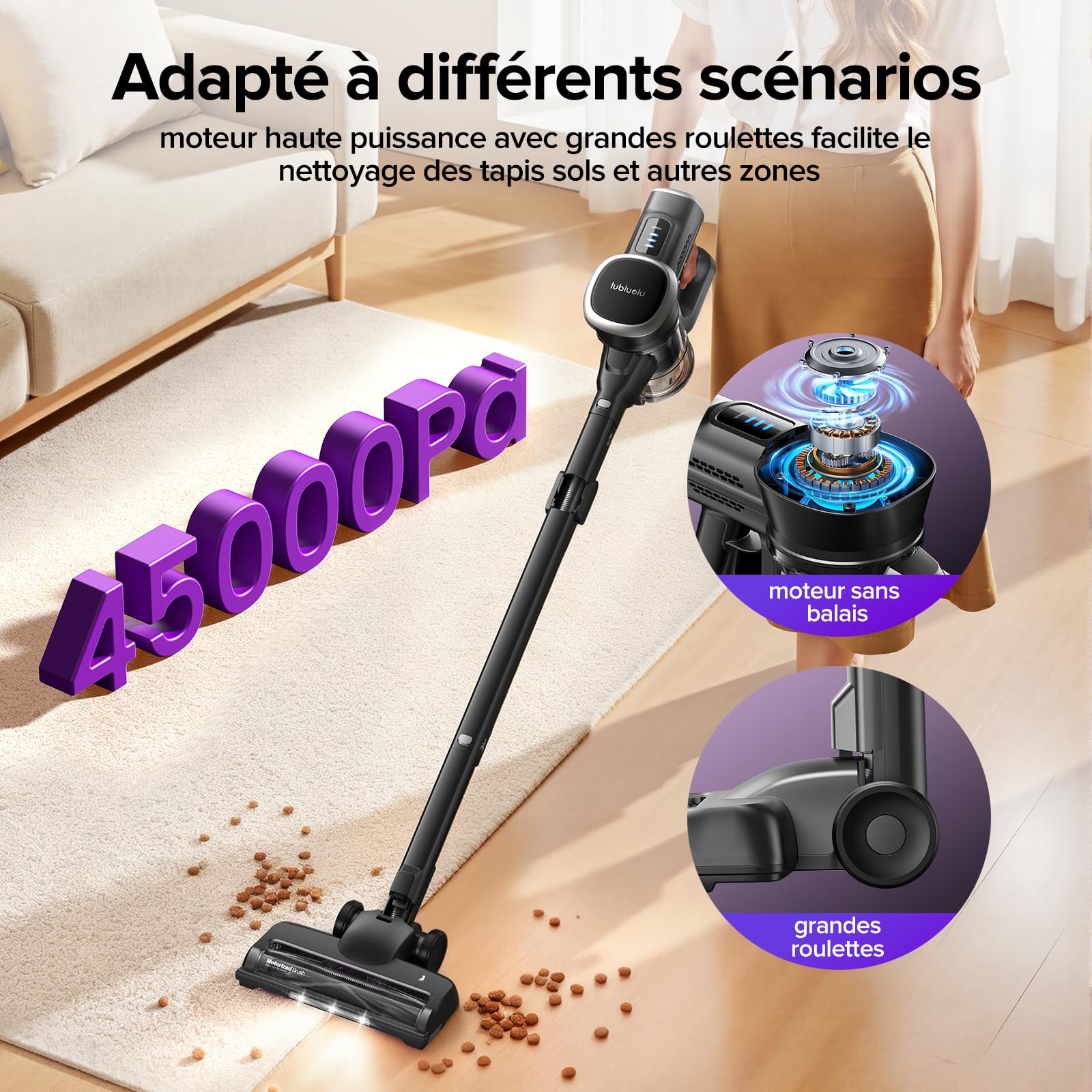 Lubluelu Aspirateur sans Fil 400 W, Puissance d'aspiration 45 000 Pa, autonomie de 50 Min, Brosse Anti-emmêlement et 2 filtres, aspirateur sans Fil pour sols durs, Tapis et Poils d'animaux, Noir