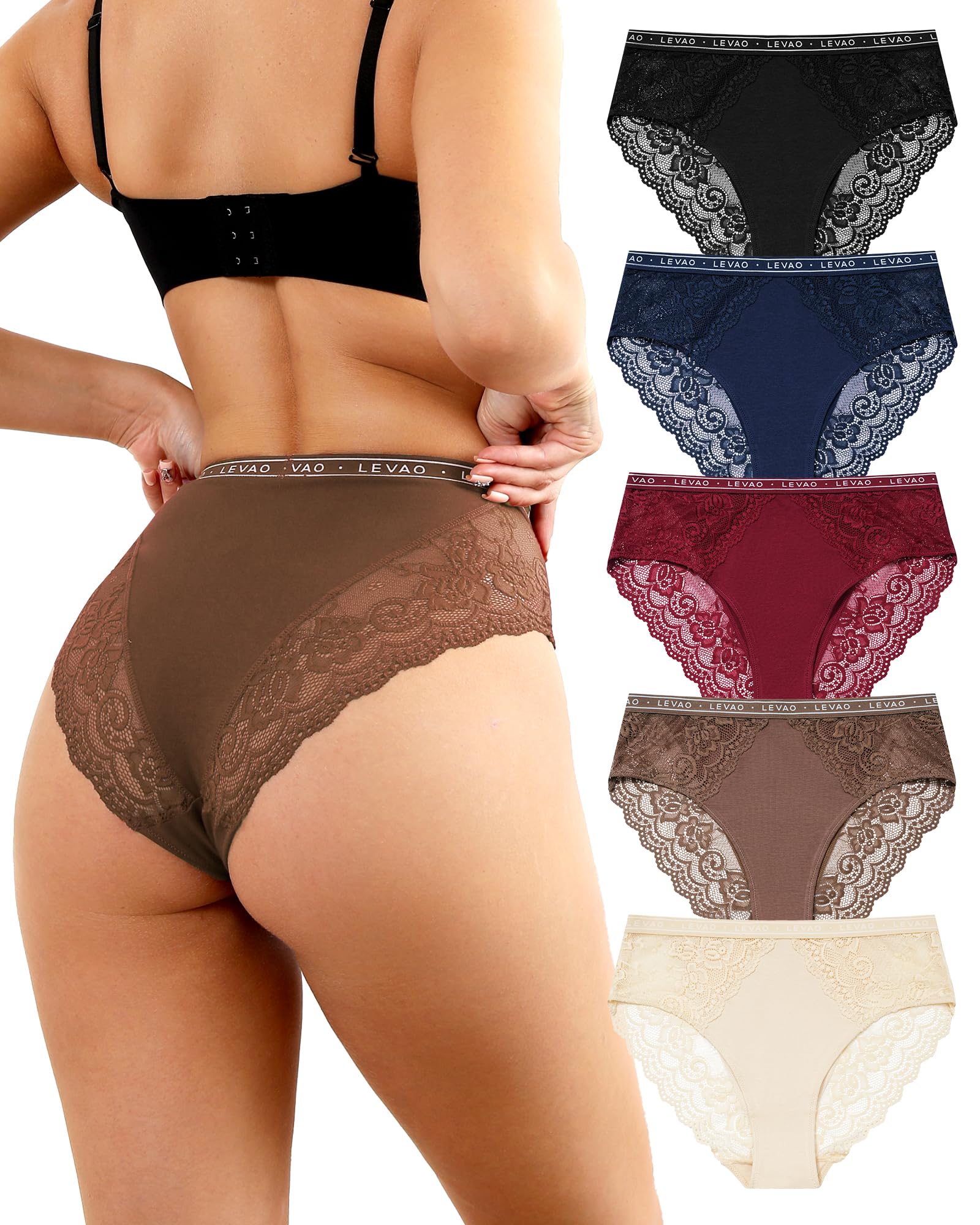 levao Women's High Waist Cotton Underwear Lace Trim Bikini Panties - Soft Comfort Everyday Briefs with Logo Waistband S-2XL-picture-21