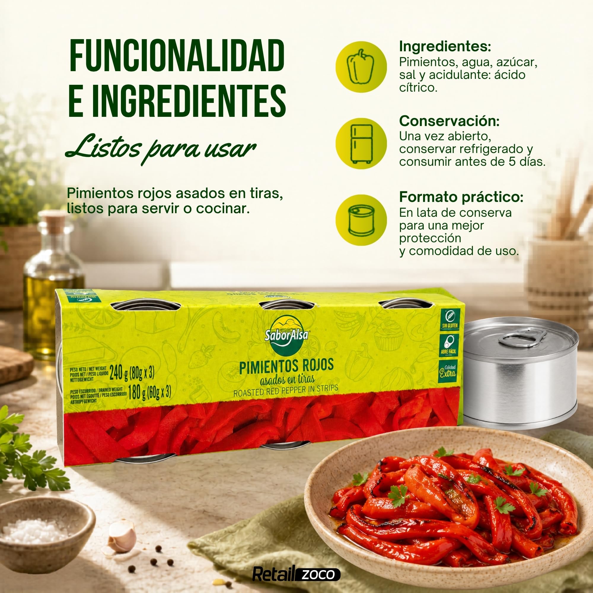 Pimiento rojo asado en tiras, Pimientos en tiras en lata, ingrediente estrella de la dieta mediterránea, Peso Neto por lata 80 gr, Peso escurrido 60 gr, Pack de 12 latas de 80 gr