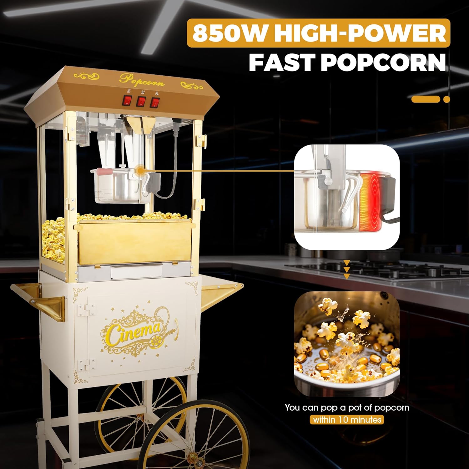16 OZ Popcorn Cart Machine on Wheels, 850W Popcorn Maker for 64 Cups Popcorn Per Batch, 3-Switch Control Theater Popcorn Machine w/Tempered Glass Doors & 1 Scoop 2 Spoons(Beige+Silver Gray)