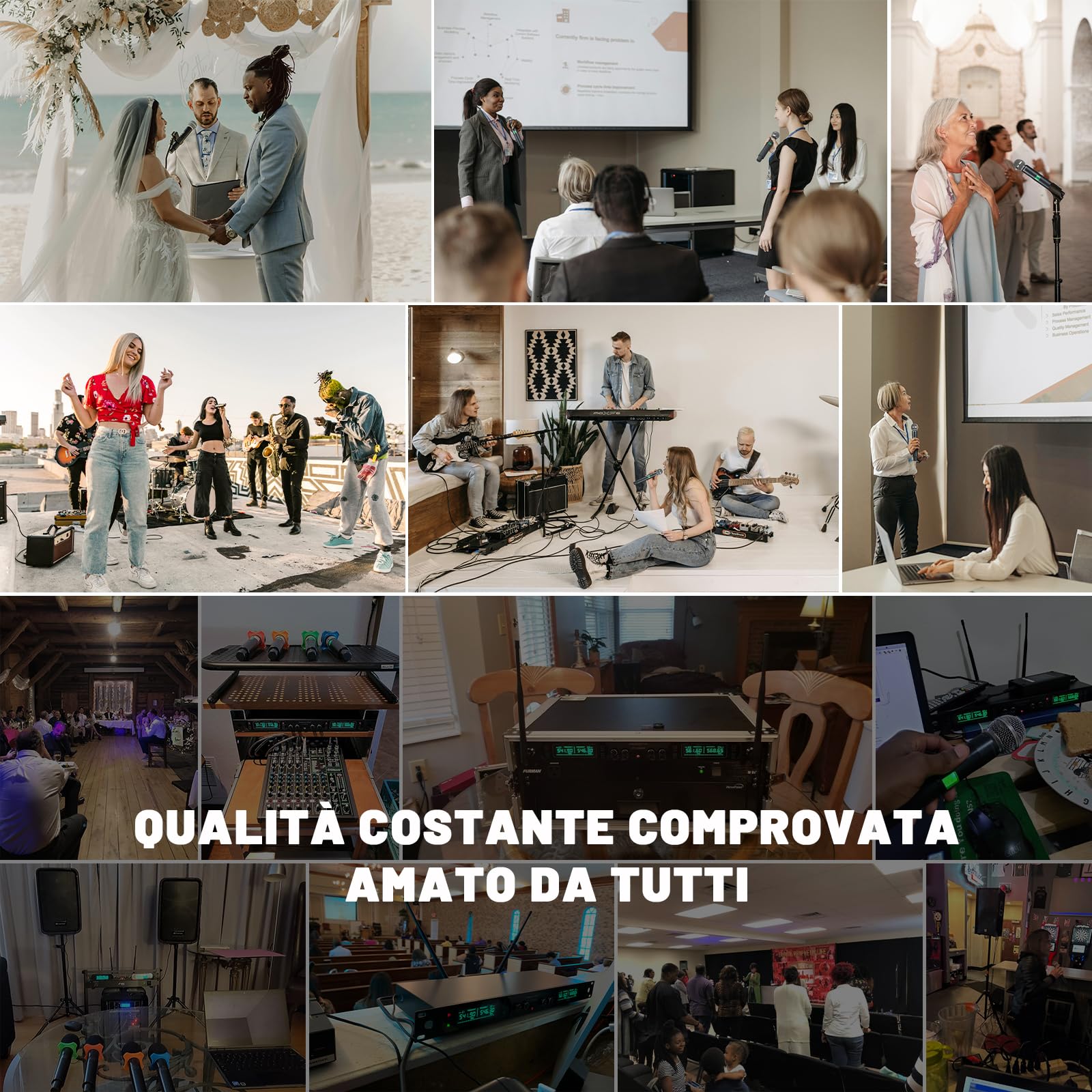 Phenyx Pro Sistema microfono wireless professionali UHF a 4 canali in metallo a frequenza fissa con 4 microfoni dinamici palmari, portata di 260 piedi per canto, chiesa (PTU-5000-4H)