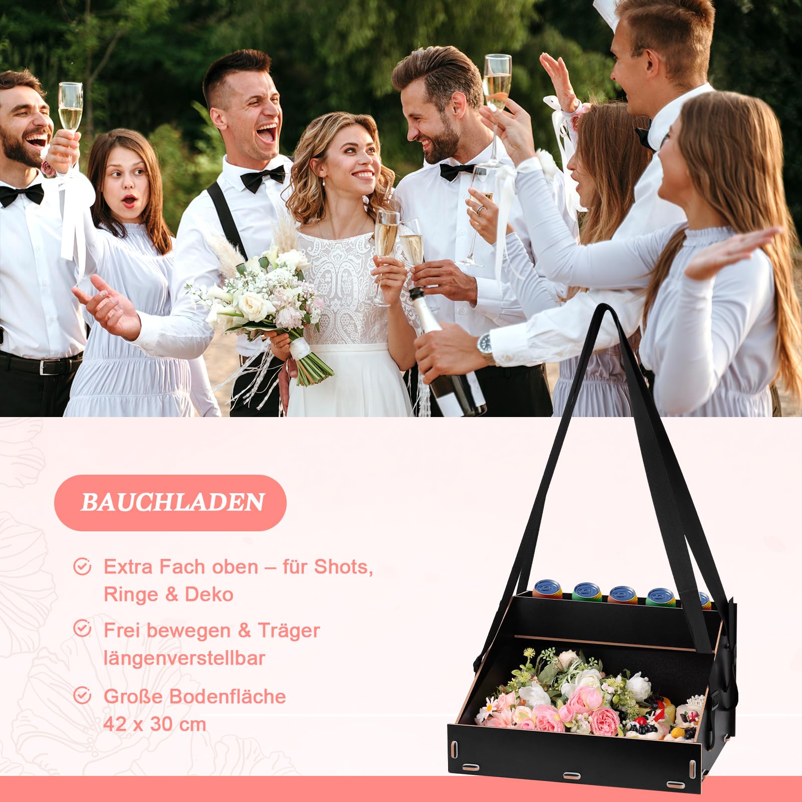 Carrello per addio al nubilato con cassetto superiore, 2 cinghie, 42 x 30 x 25 cm, in legno, decorazione per addio al nubilato, per uomini e donne, promozione, feste, catering, nero