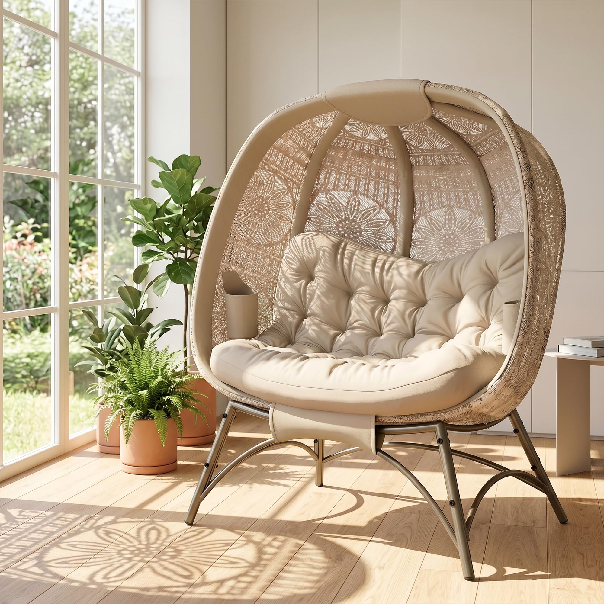 Outsunny 2-osobowy fotel papasan ogrodowy, 126x90x142 cm, piaskowy | Fotel wiklinowy ze składanym koszem, z poduszką, fotel wypoczynkowy do 240 kg, na balkon, taras