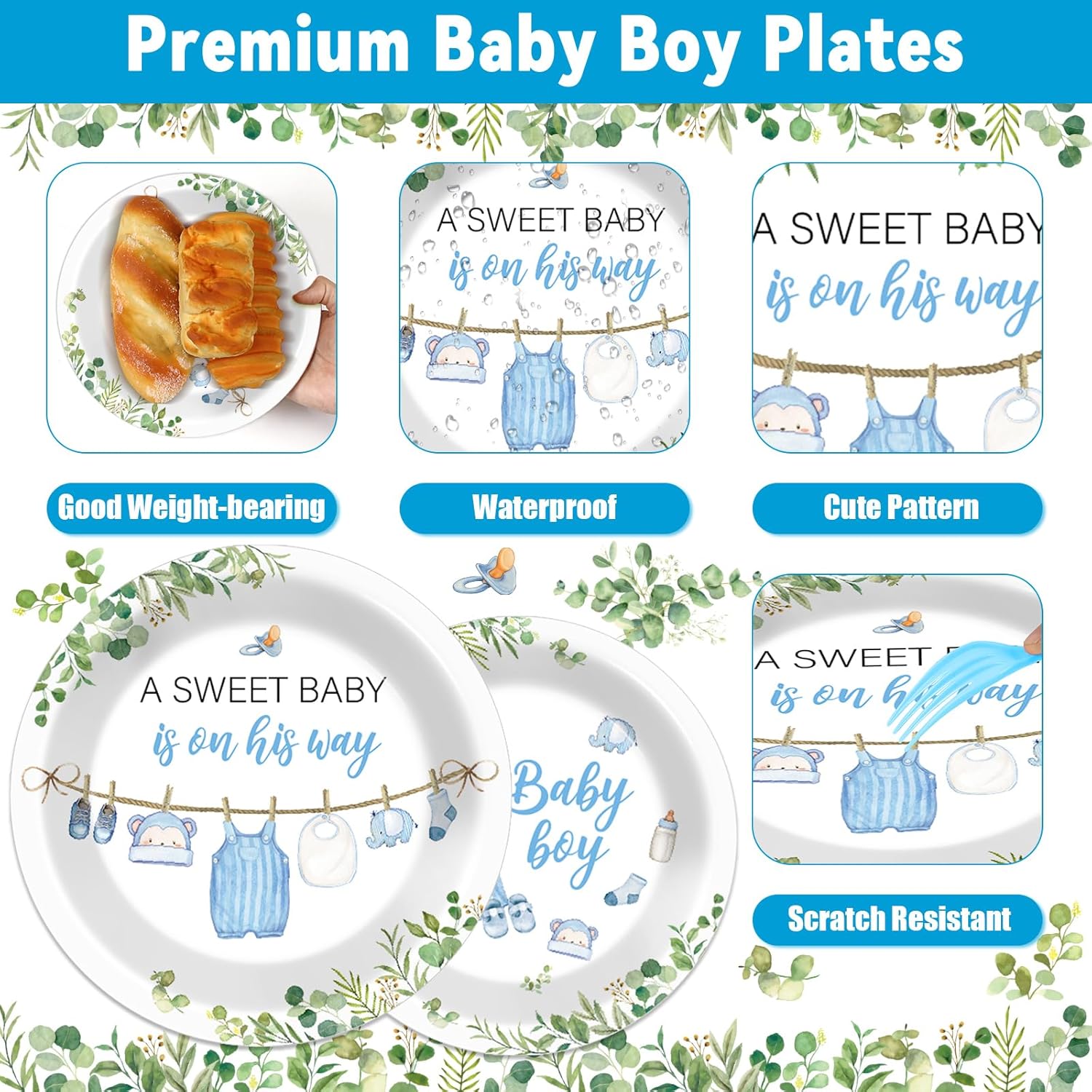 200Pcs Greenery Baby Shower Plates and Napkins Decoration Watercolor Blue Party Tableware Dinnerware Set A Sweet Boy Is On His Way Paper Plates for Baby Boy Gender Reveal Party Supplies Serve 50 - Image 3