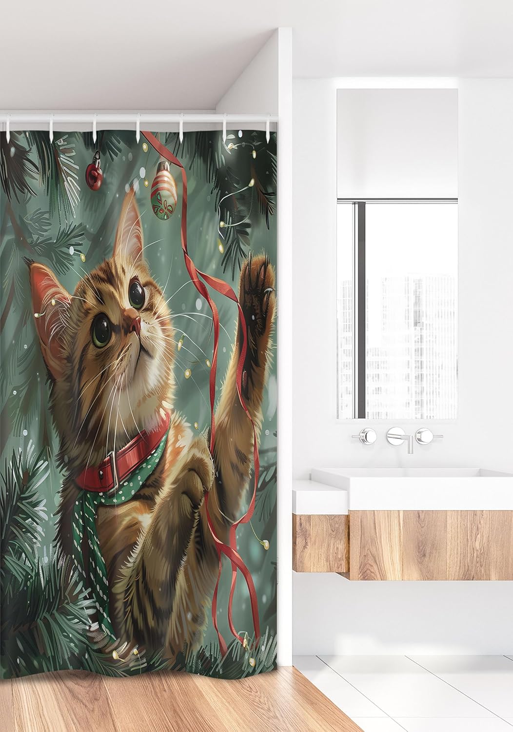 Ambesonne Christmas Stall Shower Curtain, Vintage Vibe Whimsical Kitten Playing with Xmas Trees Lace Ornate, Fabric Bathroom Decor Set with Hooks, 36" W x 72" L, Hunter Green and Vermilion