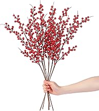 Sggvecsy 6 Pack Artificial Red Berry Stems Christmas Red Berries Holly Berry Branches 25.2 Inches Fake Burgundy Berry Picks for Floral Arrangements Christmas Tree Holiday Home DIY Crafts Decor