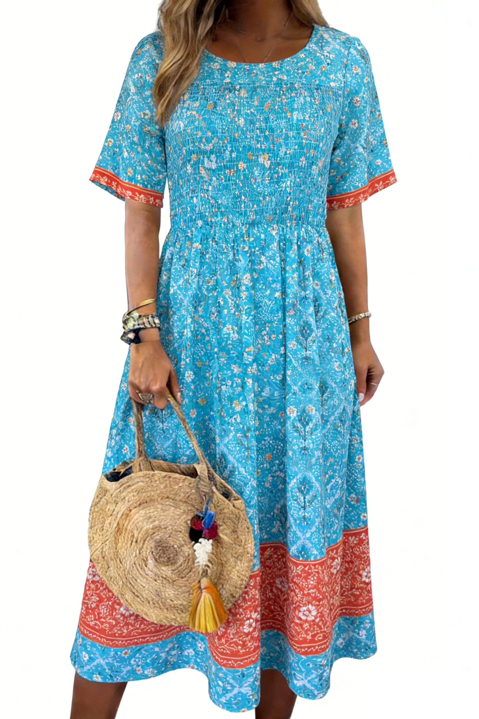 Photo 1 of Kubsid Womens Boho Dress Summer Casual 2026 Short Sleeve Loose Fit Floral Maxi Dress Flowy Beach Vintage Sundress Teal Floral L